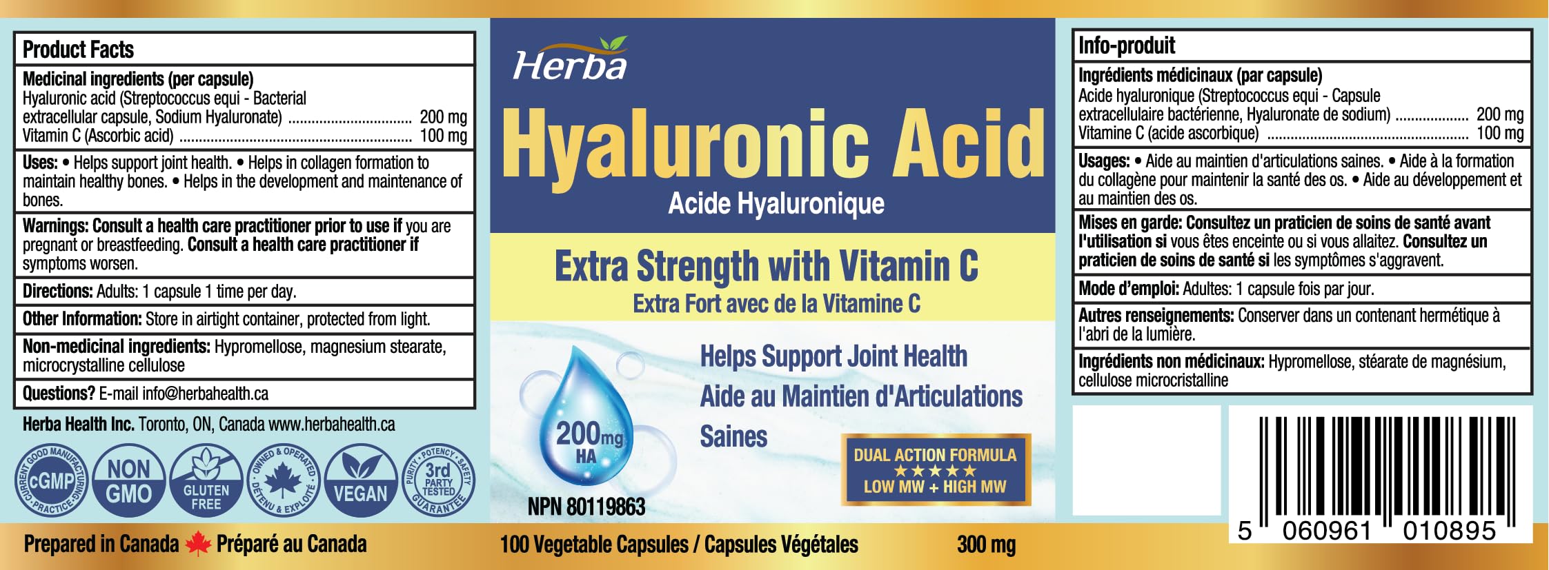 Herba Hyaluronic Acid Supplement 200mg - 100 Capsules | 100% Purity Hyaluronic Acid Capsules with Vitamin C to Support Joint and Bone Health | Made in Canada 🍁 All In One Marketplace Canada