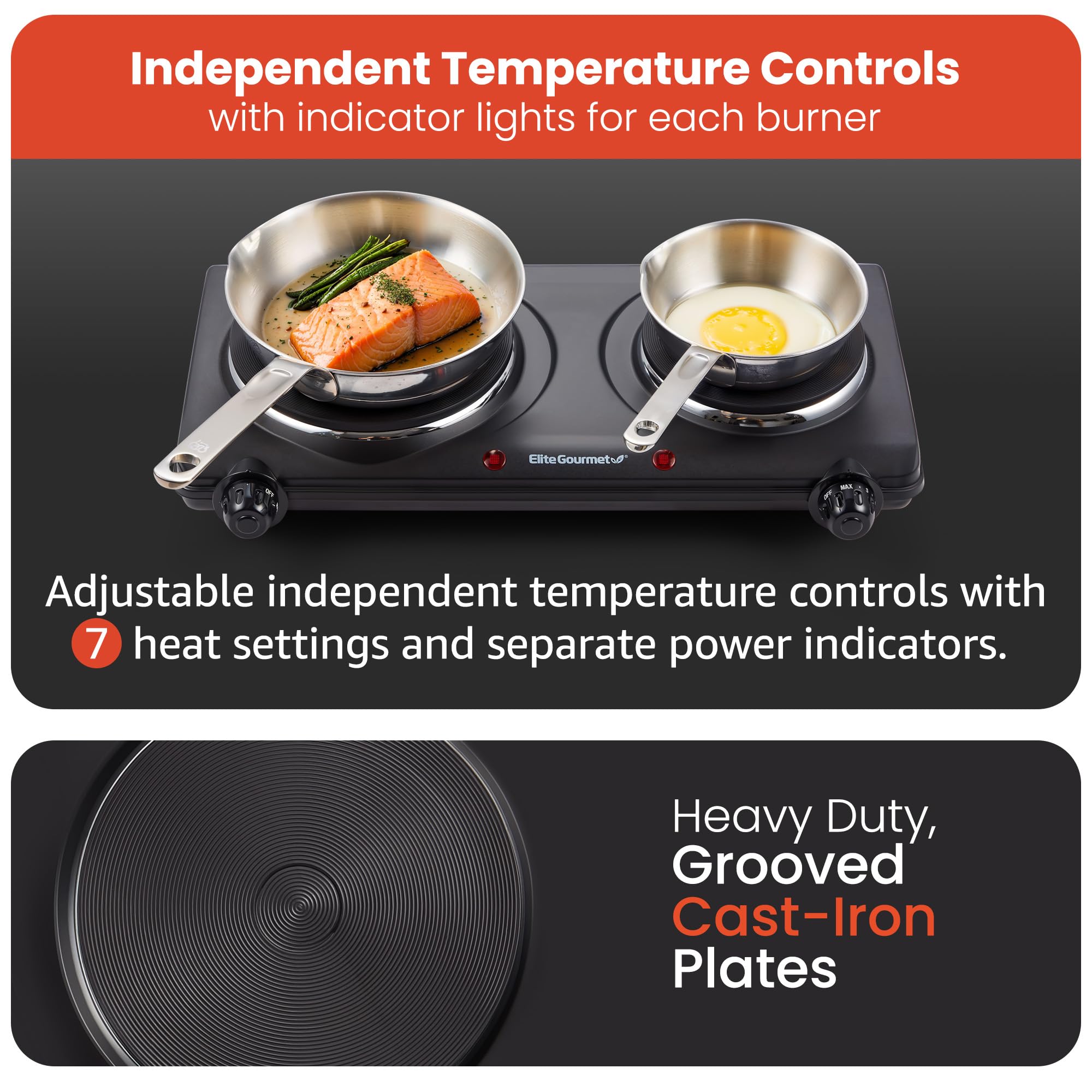 Elite Gourmet EDB-302BF# Countertop Double Cast Iron Burner, 1500 Watts Electric Hot Plate, Temperature Controls, Power Indicator Lights, Easy to Clean, Black 🍁 All In One Marketplace Canada