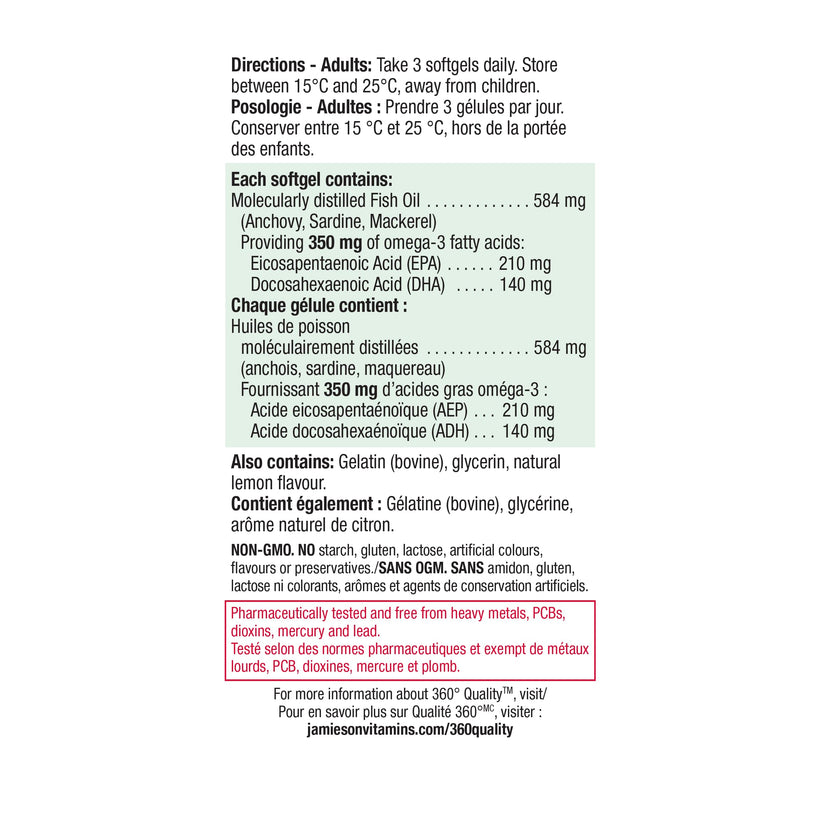 Jamieson Omega-3 Mini Softgels, No Fishy Aftertaste, Improves Heart Health, and Supports Brain Health. With 210 mg EPA and 140 mg DHA, No Burpback, Easy to Swallow, Gluten-Free, Non-GMO, 200 Count 🍁 All In One Marketplace Canada