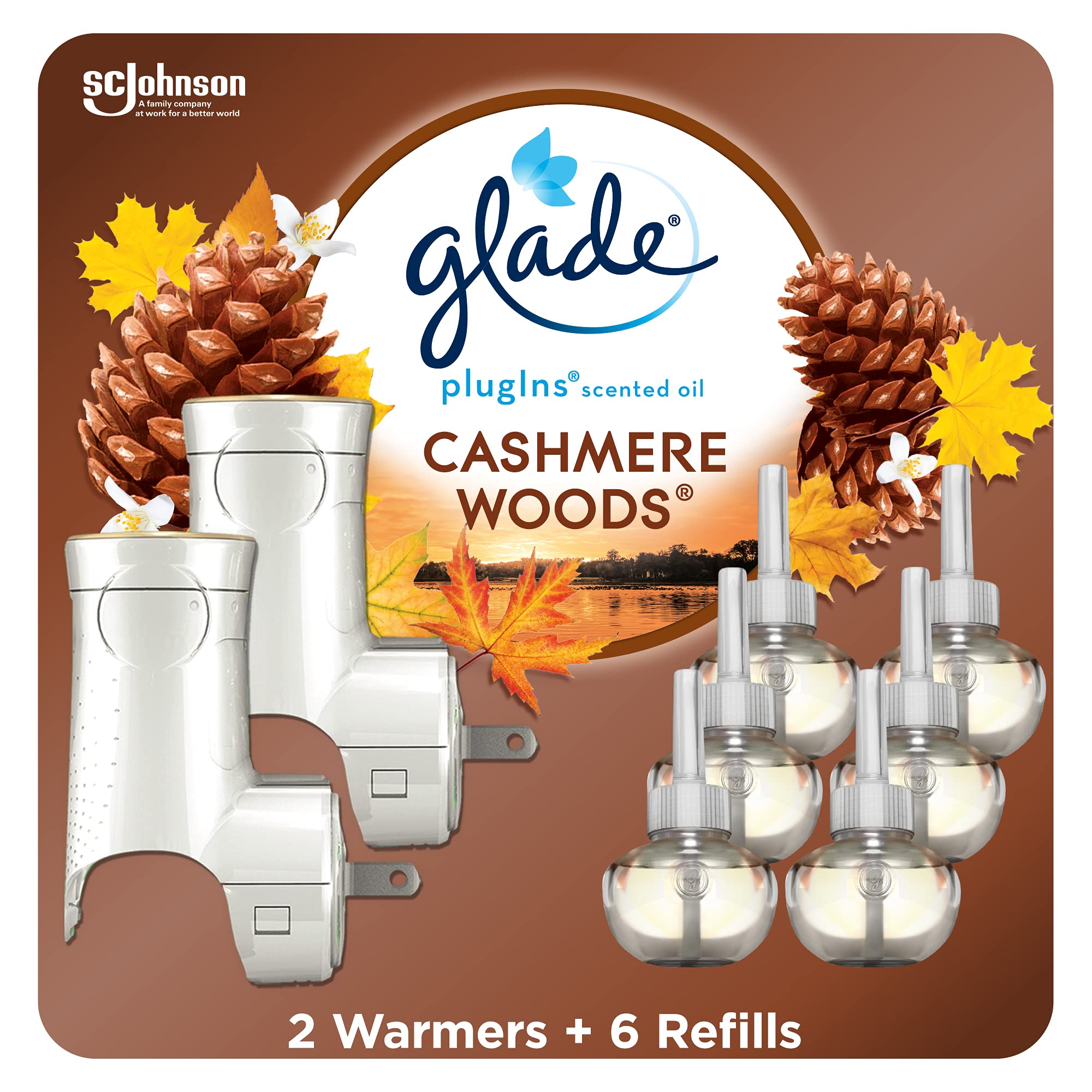 Glade PlugIns Air Freshener Refill Oil Kit, Long Lasting Scented Plug In with Essential Oils for Home, Bathroom & Kitchens, Cashmere Woods, 2 Warmers + 6 Refills 🍁 All In One Marketplace Canada