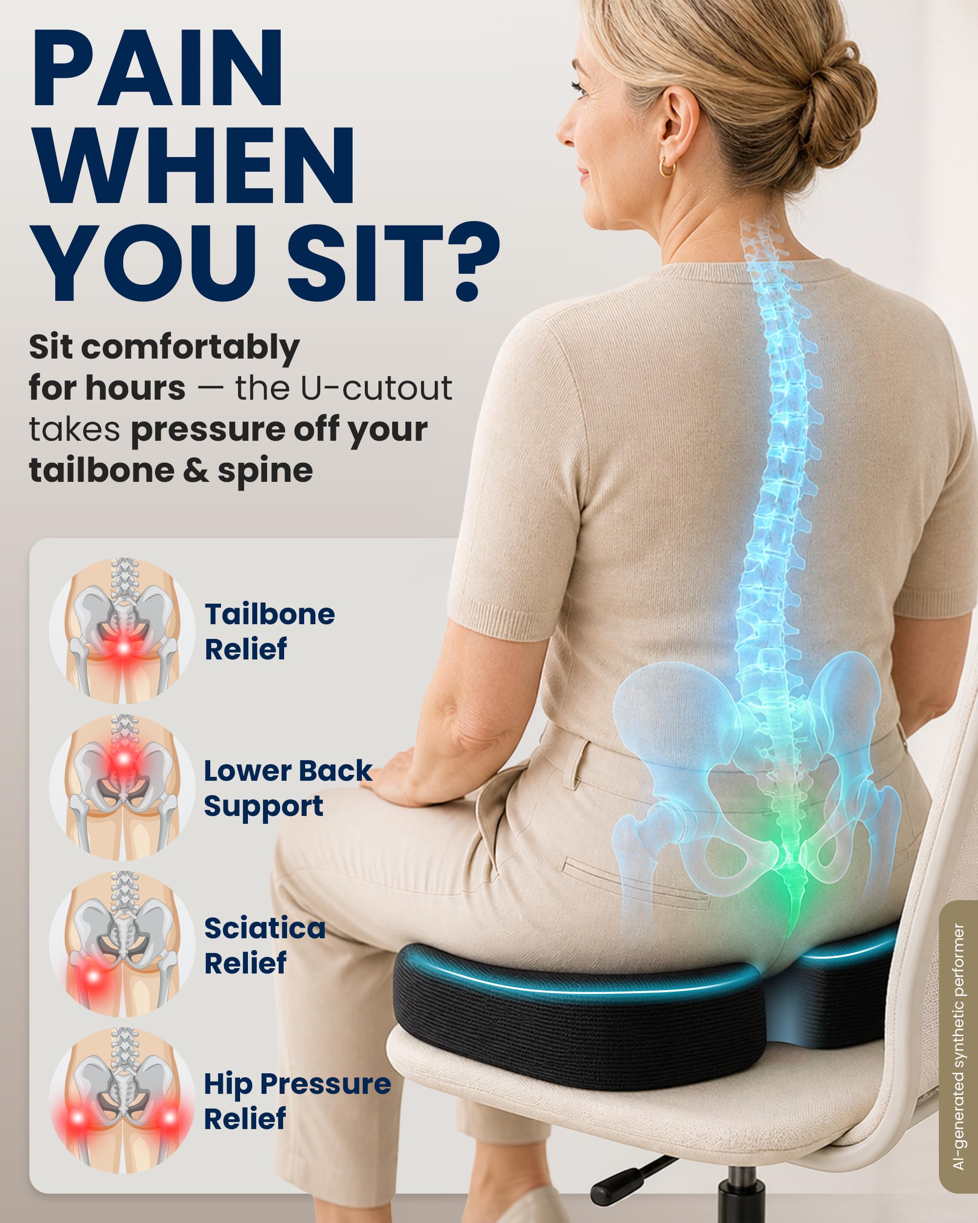 5 STARS UNITED Seat Cushion - Memory Foam Chair Cushion for Tailbone Pain Relief - Ergonomic Support for Coccyx, Sciatica & Butt - Office, Desk & Gaming Chair, Car Seat, Wheelchair, Airplane, Black 🍁 All In One Marketplace Canada