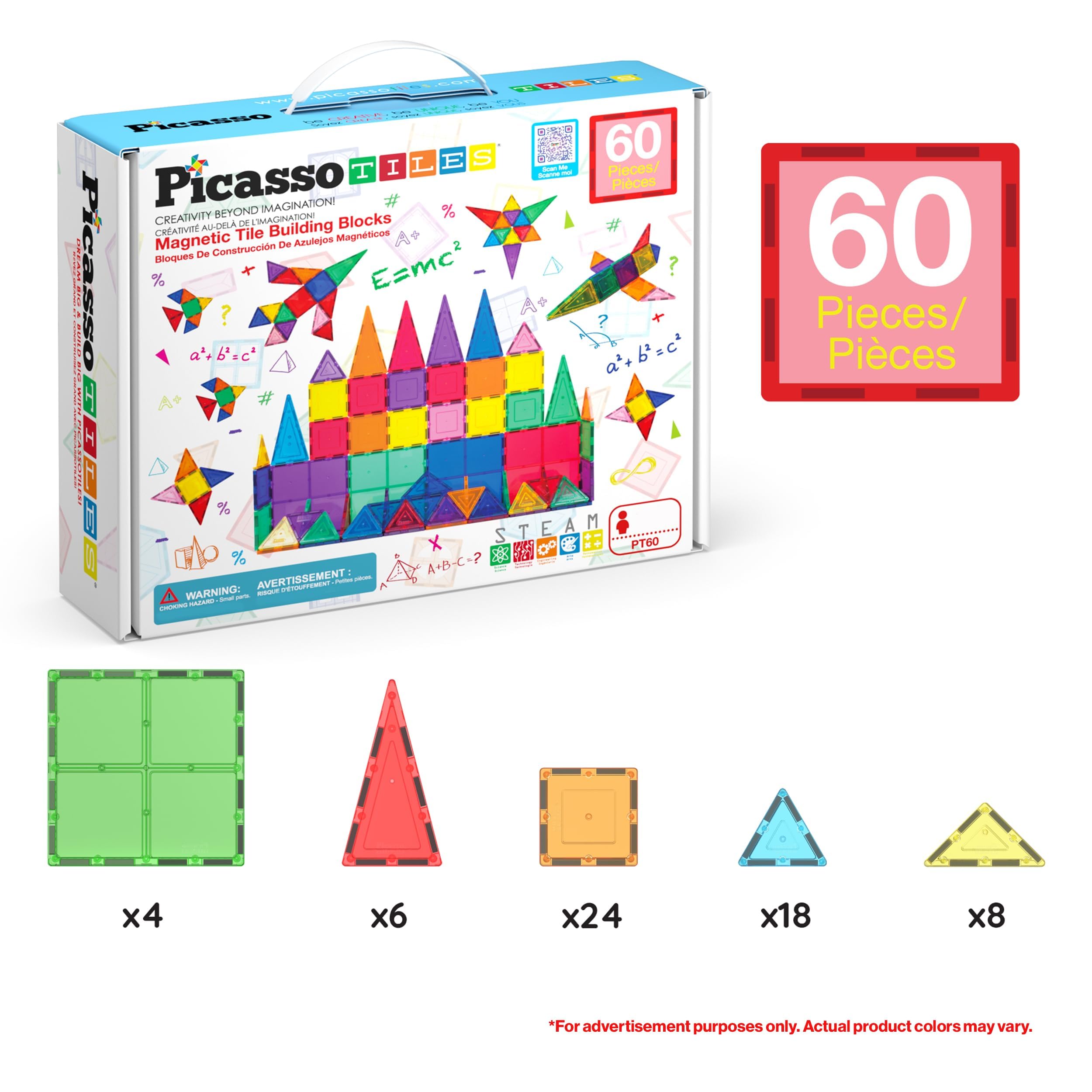 PicassoTiles Magnetic Tiles 60pcs Kids Toys Classroom Sensory Toy for Toddlers STEM Learning Building Blocks, Montessori Pretend Play Magnet Tile Construction Stacking Block Boys Girls Ages 3+ PT60 🍁 All In One Marketplace Canada
