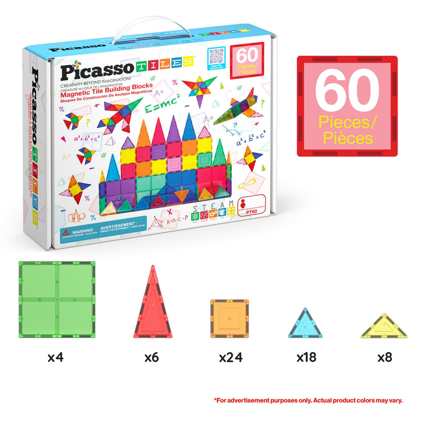 PicassoTiles Magnetic Tiles 60pcs Kids Toys Classroom Sensory Toy for Toddlers STEM Learning Building Blocks, Montessori Pretend Play Magnet Tile Construction Stacking Block Boys Girls Ages 3+ PT60 🍁 All In One Marketplace Canada