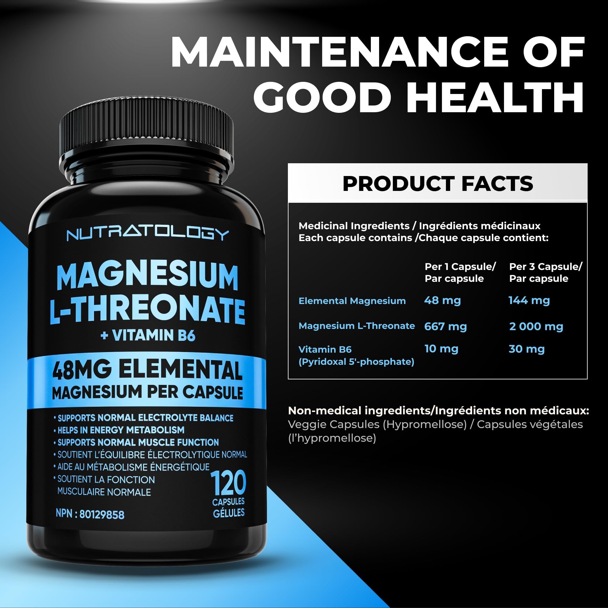 Nutratology® Magnesium L-Threonate + Vitamin B6 | Canadian-Made | Formulated To Help Support Heart & Muscle Function - Balances Electrolytes, Supports Energy Metabolism & Tissue Formation - 120 Count 🍁 All In One Marketplace Canada
