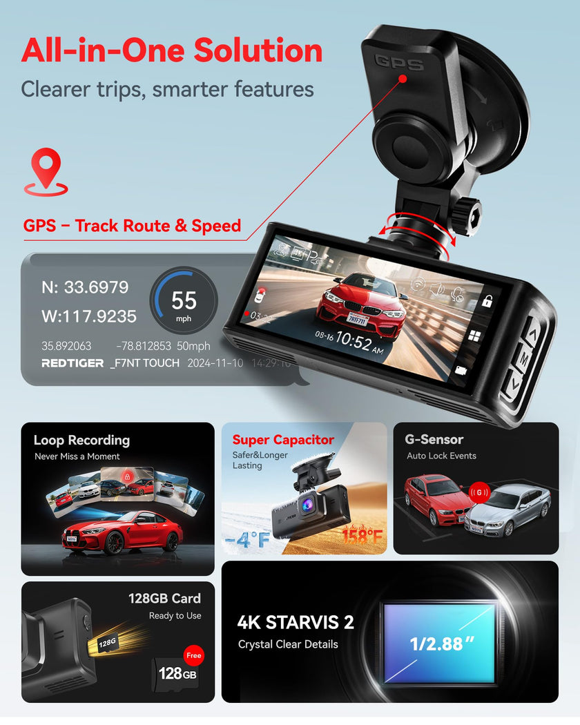 REDTIGER 4K Dash Cam Front and Rear, STARVIS 2 Sensor, Touch Screen 3.18