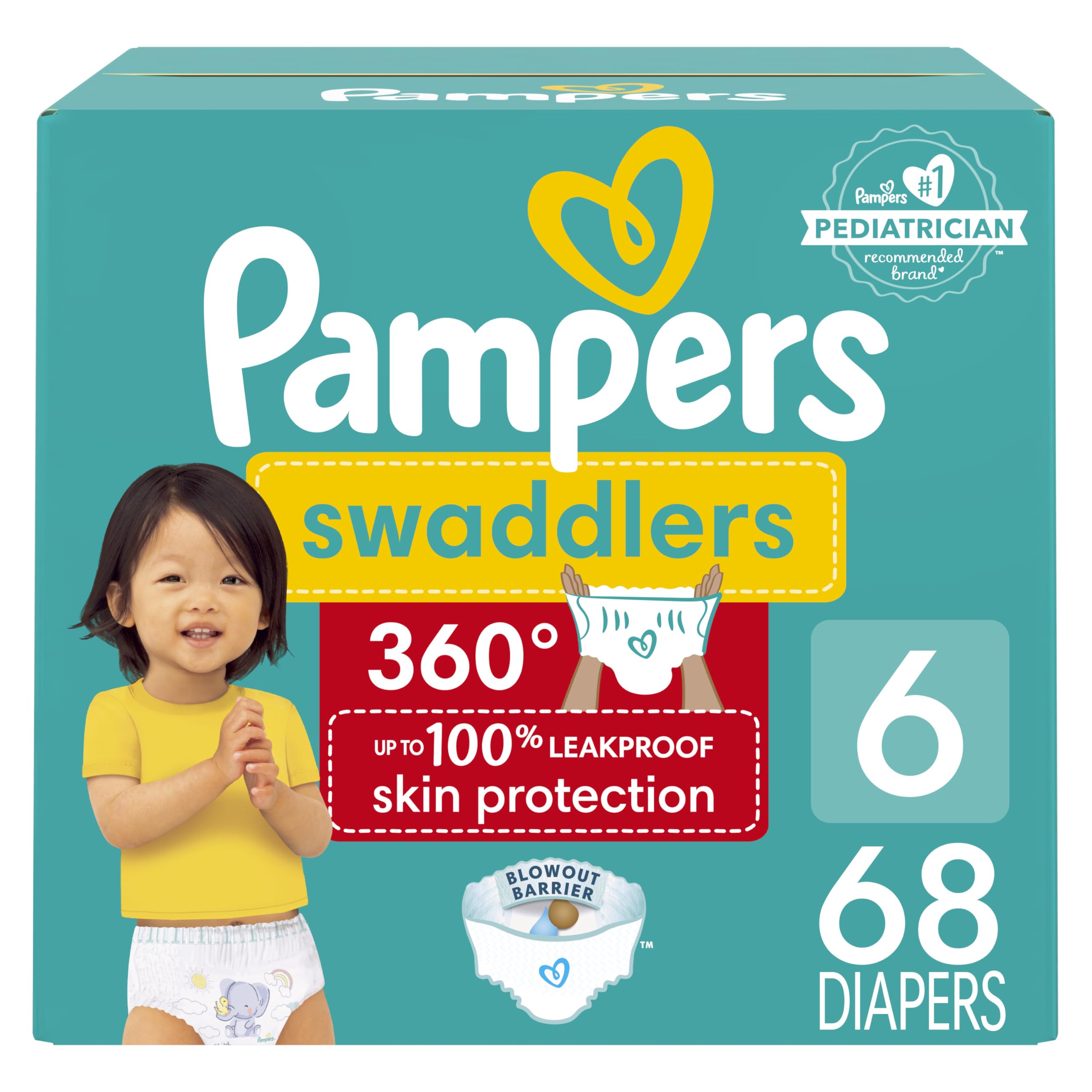 Pampers Diapers - Swaddlers 360 degrees - Size 6, 68 Count, up to 100% Leakproof Comfy Dry Fit, EZ Off Tabs Designed for Easy Changes, Pull On Diaper 🍁 All In One Marketplace Canada