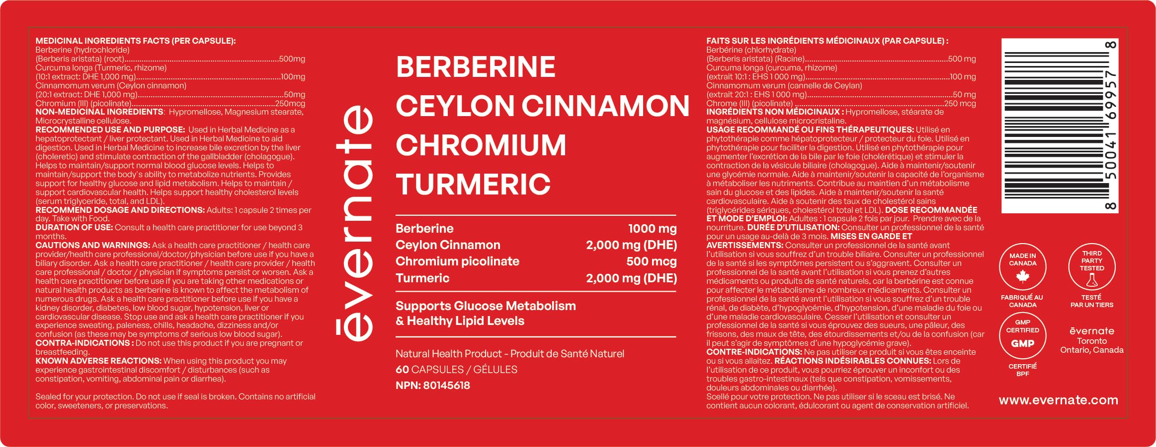 ALL-IN-ONE Berberine 1000 mg with Ceylon Cinnamon 2000 mg, Chromium Picolinate 500 mcg & Turmeric 2000 mg (Per Serving: 2 Capsules) – Blood Sugar, Glucose & Metabolic Support – Cholesterol & Cardiovascular Health – Made in Canada