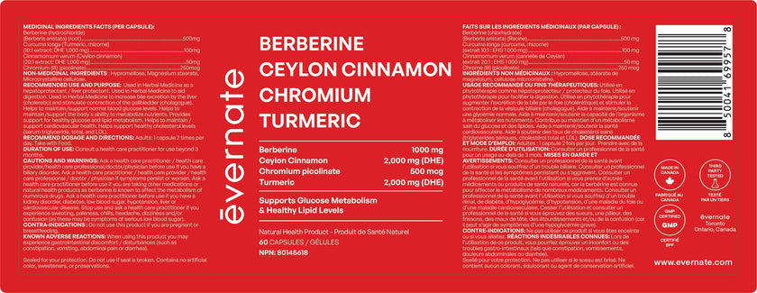 ALL-IN-ONE Berberine 1000 mg with Ceylon Cinnamon 2000 mg, Chromium Picolinate 500 mcg & Turmeric 2000 mg (Per Serving: 2 Capsules) – Blood Sugar, Glucose & Metabolic Support – Cholesterol & Cardiovascular Health – Made in Canada