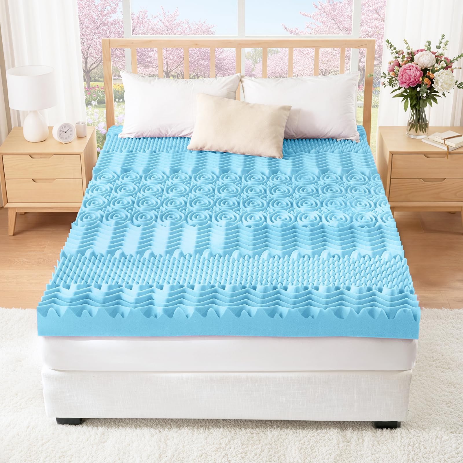 YUGYVOB Mattress Topper Queen, Foam Queen Mattress Topper, Cooling Gel Infused Bed Topper, 7 Zone Egg Crate Foam, CertiPUR-US Certified, 2 Inch 🍁 All In One Marketplace Canada