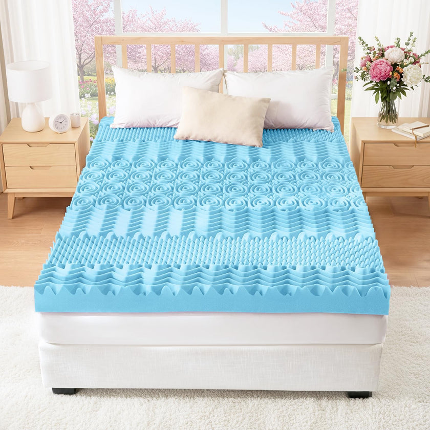 YUGYVOB Mattress Topper Queen, Foam Queen Mattress Topper, Cooling Gel Infused Bed Topper, 7 Zone Egg Crate Foam, CertiPUR-US Certified, 2 Inch 🍁 All In One Marketplace Canada