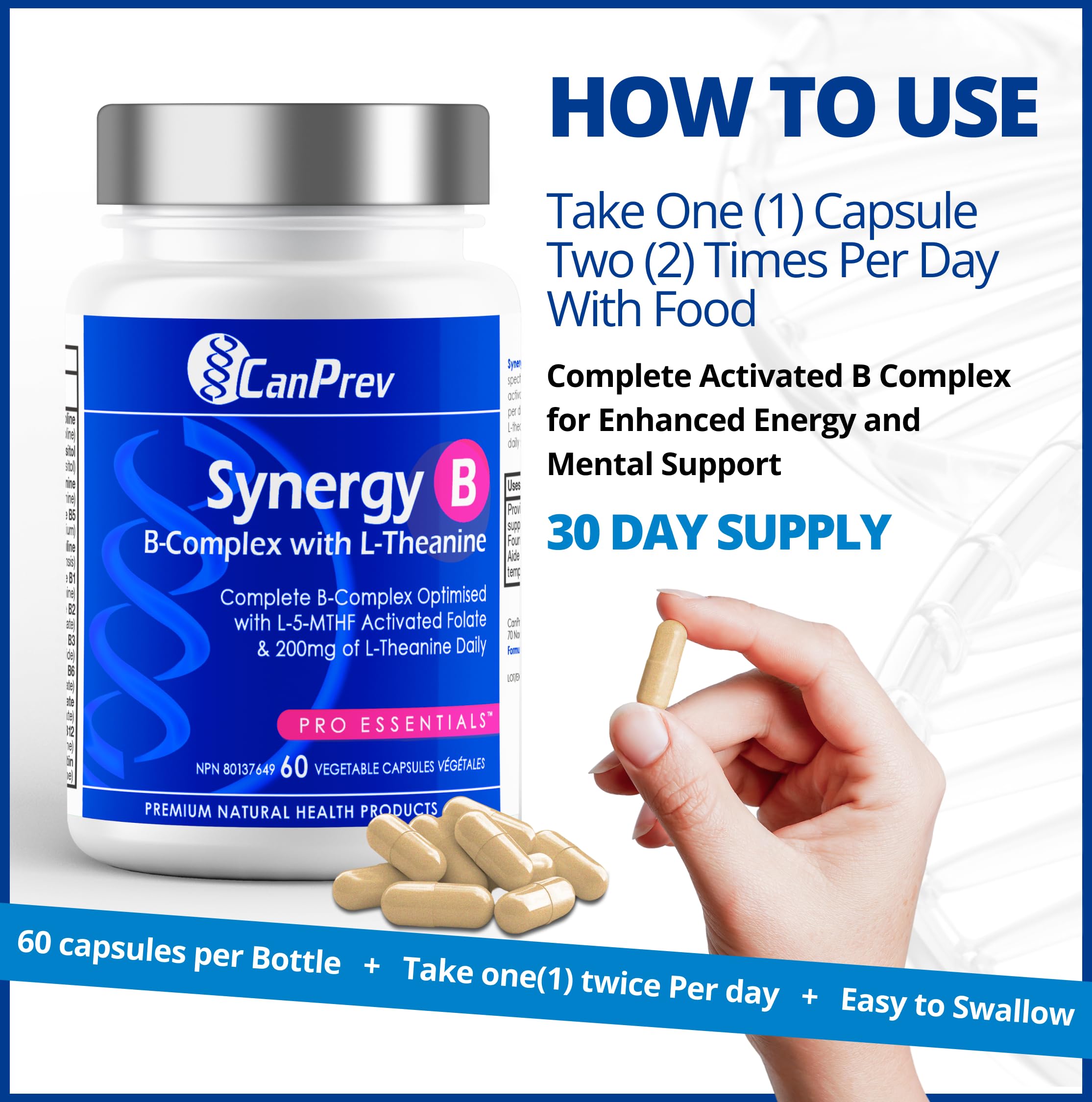 CanPrev Synergy B Complex 60 V-Caps 30-Day Supply - Vitamin B Supplement with L-Theanine 200mg - Complete B Complex Optimized with L-5-MTHF Activated Folate & Spirulina - Vegan, Non-GMO & Gluten-Free 🍁 All In One Marketplace Canada