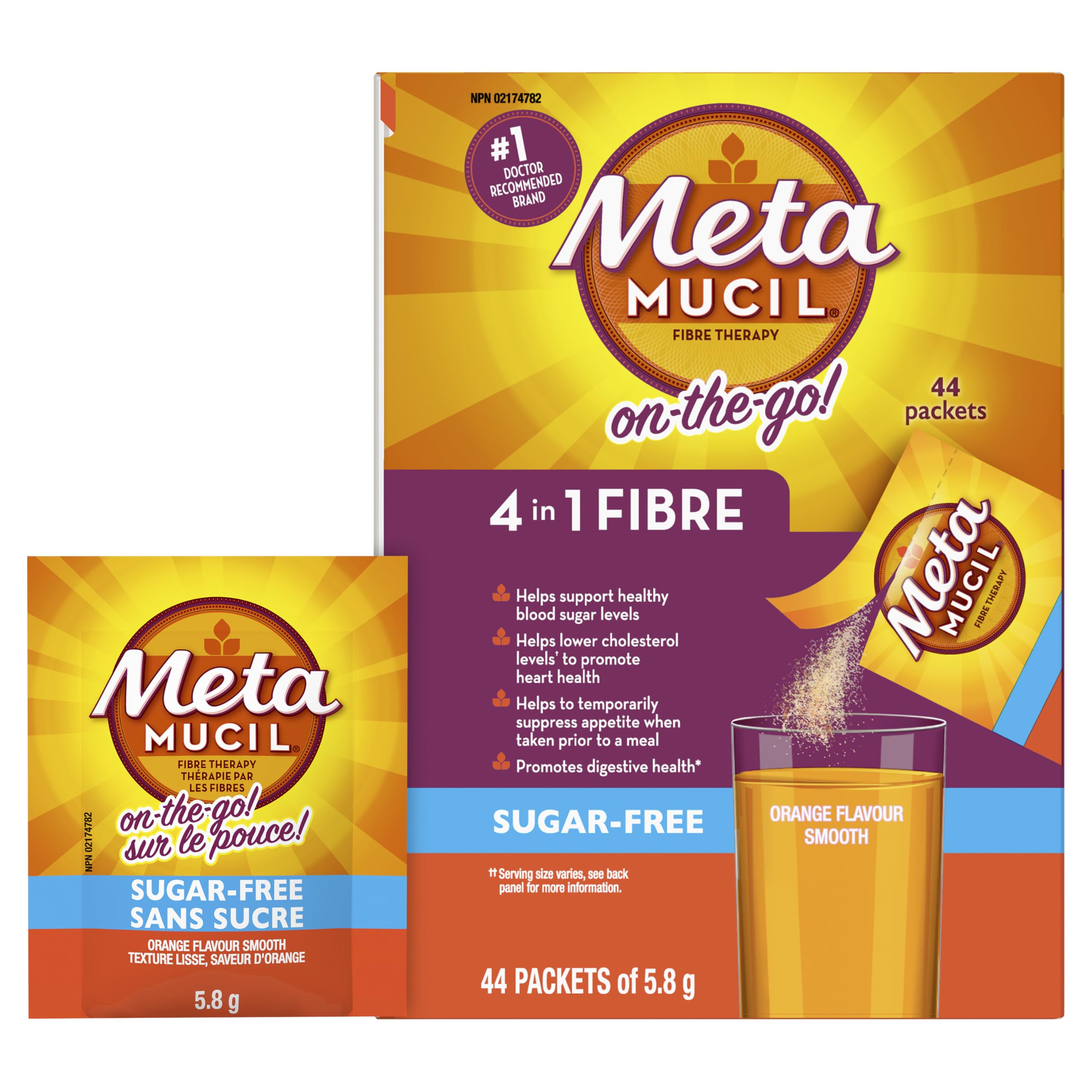 Metamucil, Daily Psyllium Husk Powder Supplement Packets, Sugar-Free, 4-in-1 Fibre for Digestive Health, Orange Smooth Flavored Drink, 44 Servings 🍁 All In One Marketplace Canada