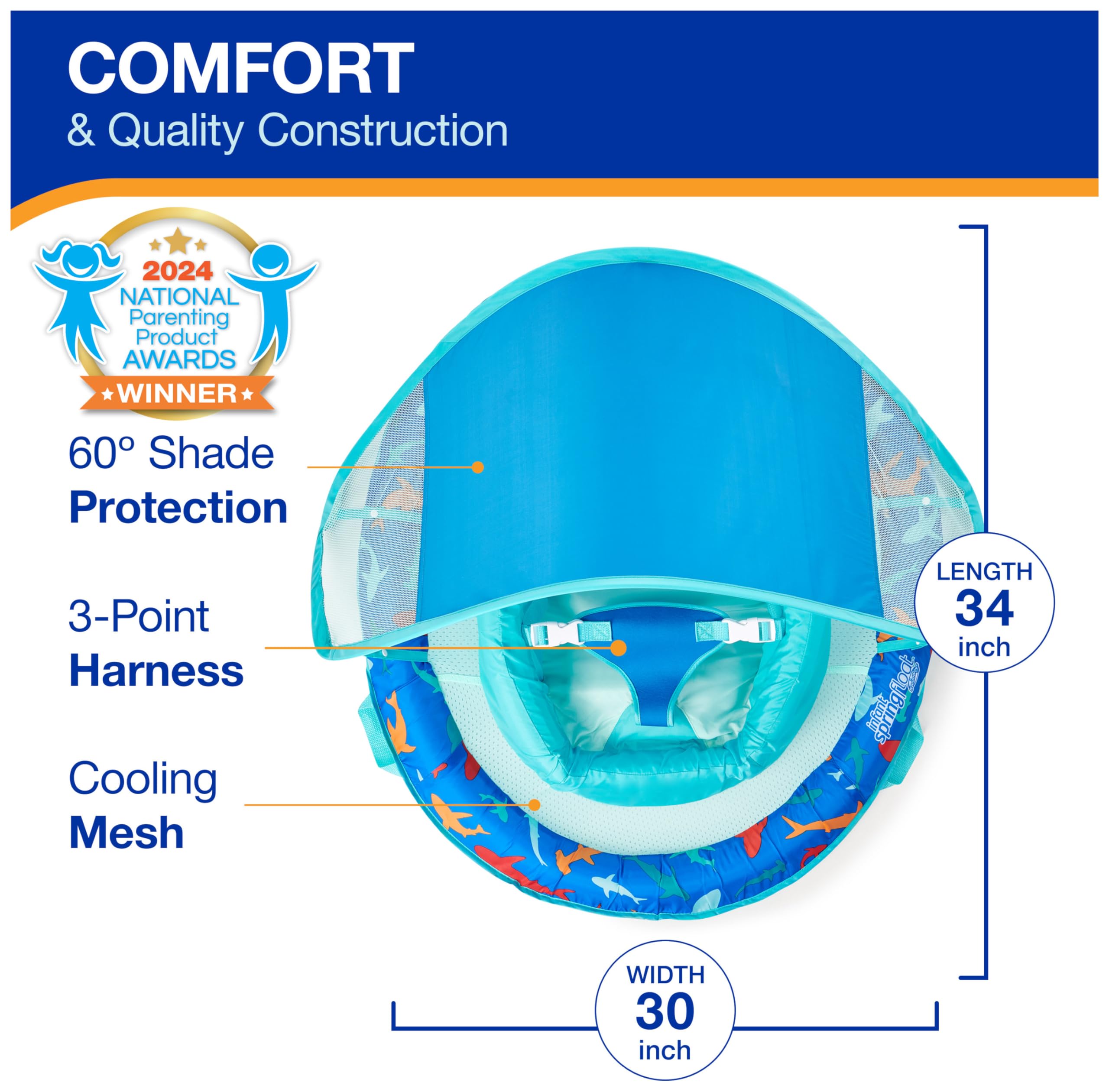 Swimways Infant Spring Float, Baby Pool Float with Canopy & UPF Protection, Swimming Pool Accessories for Kids 3-9 Months, Shark 🍁 All In One Marketplace Canada
