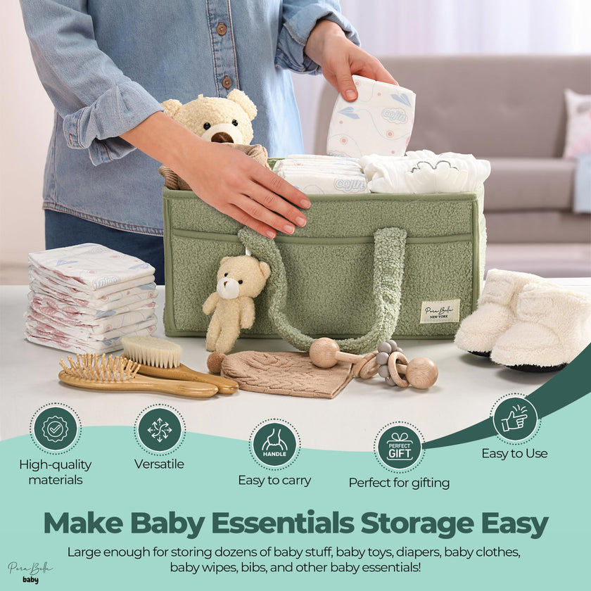 PeraBella Baby Diaper Caddy Organizer, Baby Organizers and Storage for Changing Table, Babies Shower Gift Basket for Boy &Girl, Nursery Essentials Car Caddy Organizer with Handle, Green Diaper Basket 🍁 All In One Marketplace Canada