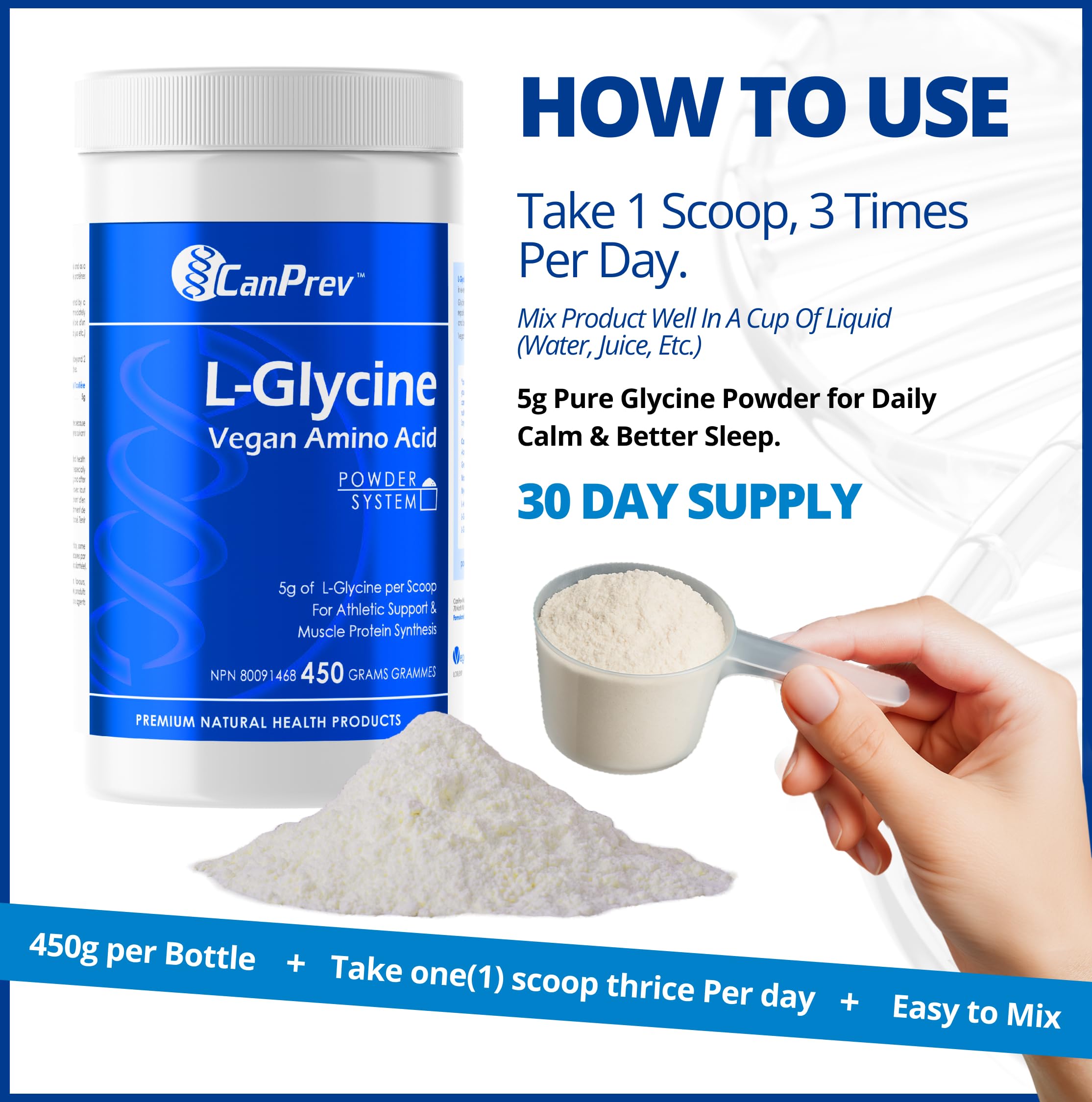 CanPrev L-Glycine Vegan Amino Acid Powder 450g – 90 Servings – Pure 5g Glycine for Active Lifestyle, Daily Calm & Recovery – Proudly Canadian-Made 🍁 All In One Marketplace Canada