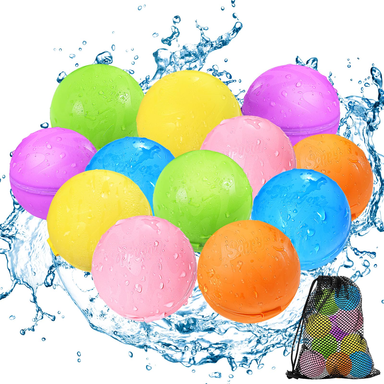 Reusable Water Bomb Balloons, Silicone Water Splash Ball with Mesh Bag, Quick Self-Sealing Water Bomb for Kids Adults Outdoor Activities Water Games Toy Outside Summer Fun Party Supplies (12Pack) 🍁 All In One Marketplace Canada