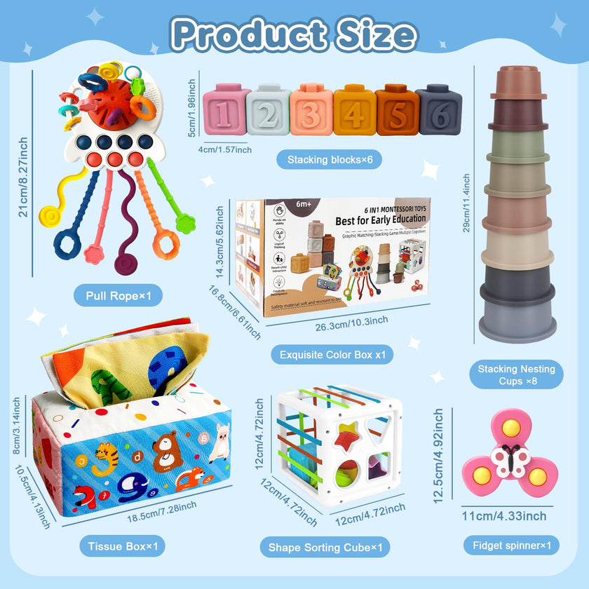 6 in 1 Baby Montessori Toys for 6-12 Months, Montessori Toys for Babies Incl Pull String Toy, Stacking Cups, Tissue Box Toy, Suction Cup Spinner Toys, Stacking Blocks, Activity Cube Gift for Boy Girl 🍁 All In One Marketplace Canada