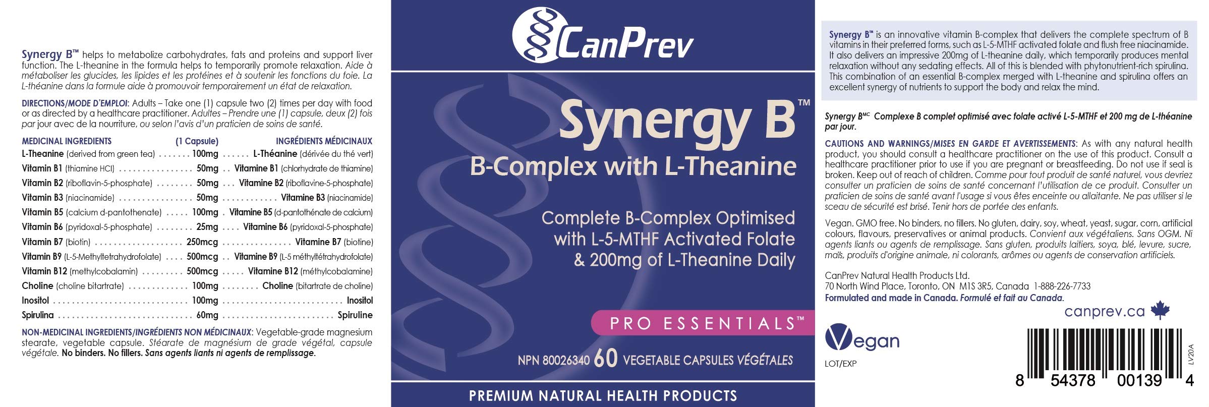 CanPrev Synergy B Complex 60 V-Caps 30-Day Supply - Vitamin B Supplement with L-Theanine 200mg - Complete B Complex Optimized with L-5-MTHF Activated Folate & Spirulina - Vegan, Non-GMO & Gluten-Free 🍁 All In One Marketplace Canada