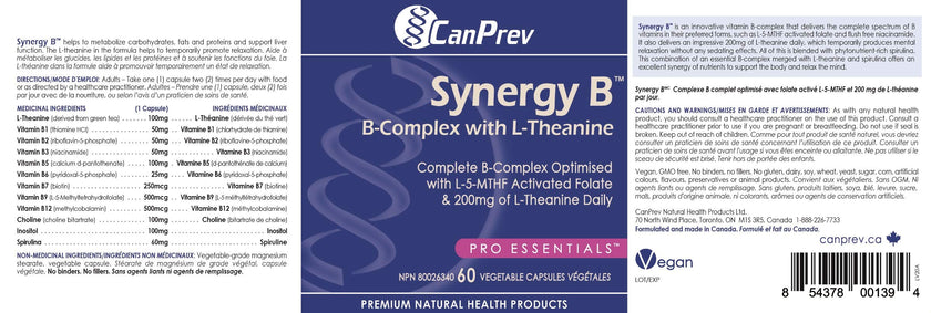 CanPrev Synergy B Complex 60 V-Caps 30-Day Supply - Vitamin B Supplement with L-Theanine 200mg - Complete B Complex Optimized with L-5-MTHF Activated Folate & Spirulina - Vegan, Non-GMO & Gluten-Free 🍁 All In One Marketplace Canada