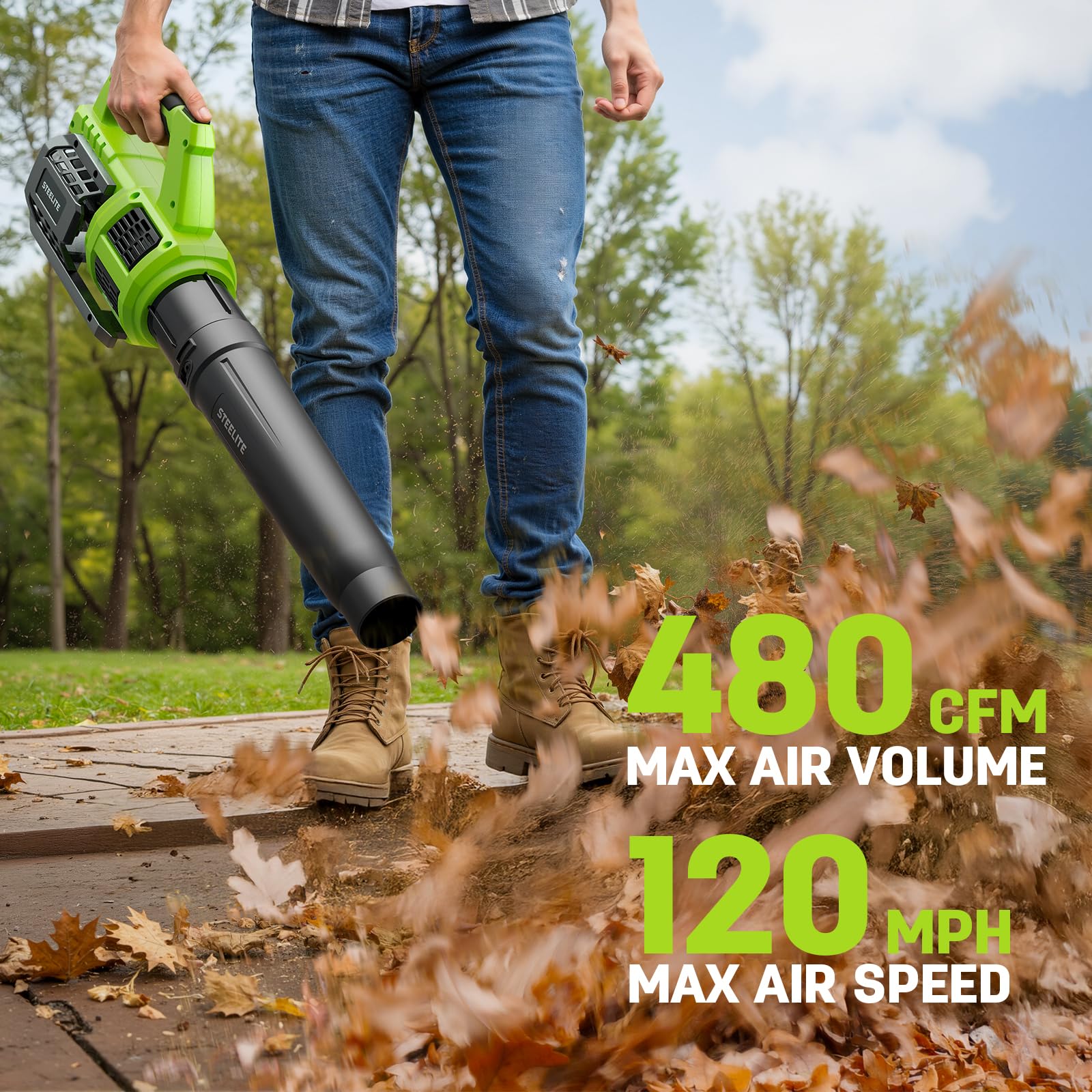 STEELITE 21V Cordless Leaf Blower – Turbo Mode 480CFM 120MPH, 2×4.0Ah Batteries & Fast Charger, Lightweight Electric Blower for Leaves, Dust & Patio Cleaning 🍁 All In One Marketplace Canada