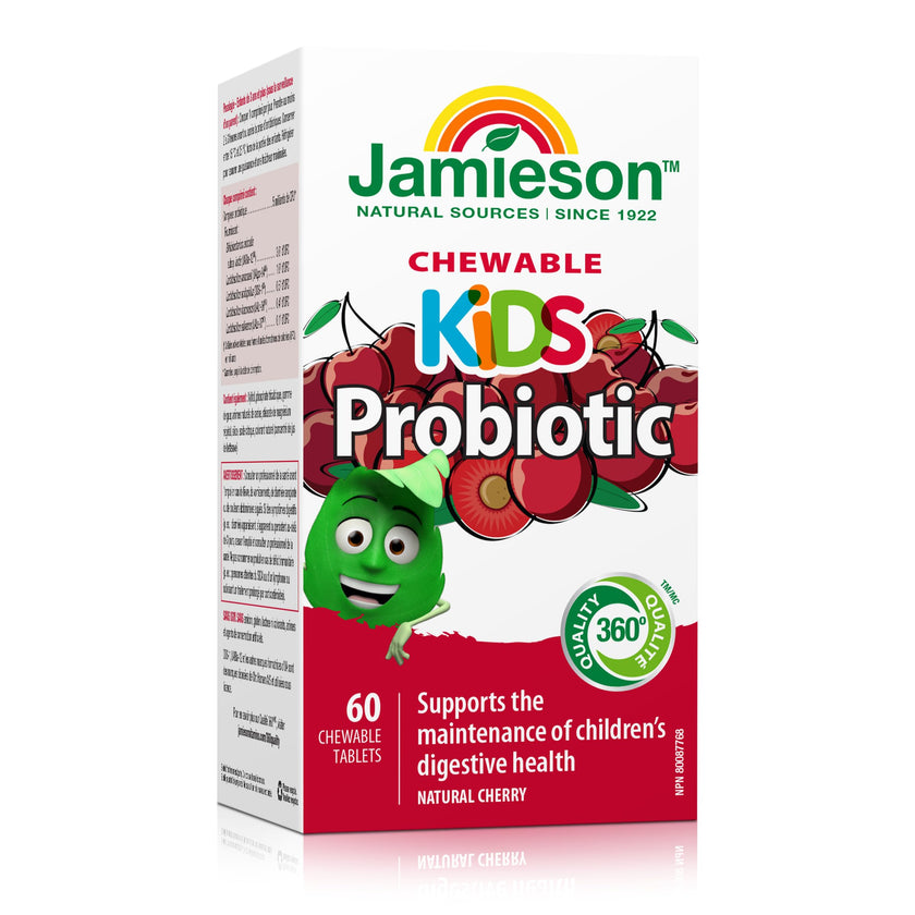 Jamieson Probiotic for Kids, 60 Chewable Tablets, 5 Billion CFU, Natural Cherry Flavour, Digestive and Intestinal Health. Non-GMO, No Artificial Colours, Flavours, or Preservatives, 60 Count 🍁 All In One Marketplace Canada