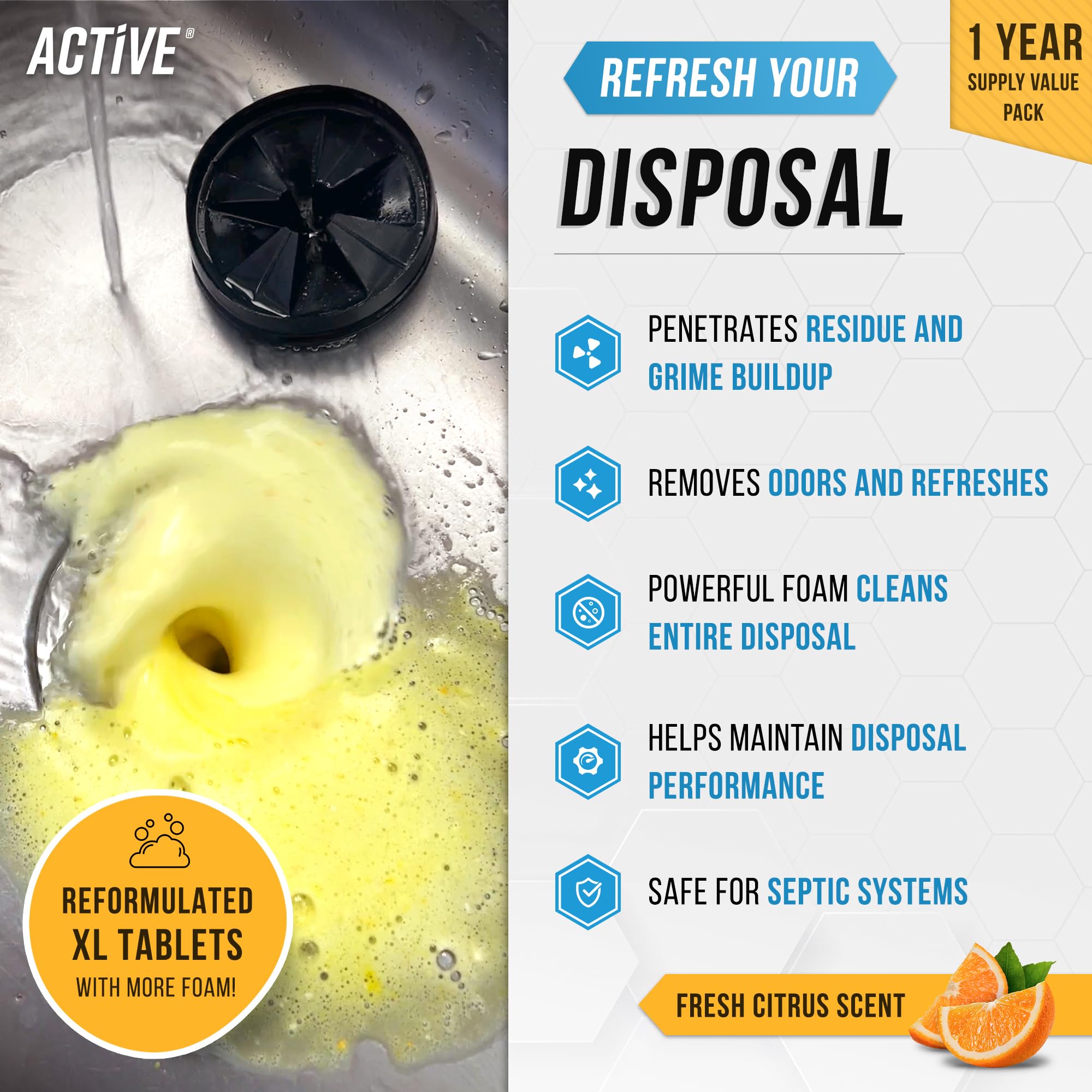 Garbage Disposal Cleaner Deodorizer Tablets - ACTIVE XL Foaming Tablet, 24 Pack Fresh Citrus Scented Tabs, New Powerful Foam Freshener for Cleaning Sink Disposal, Garburator, Disposer - 1 Year Supply 🍁 All In One Marketplace Canada