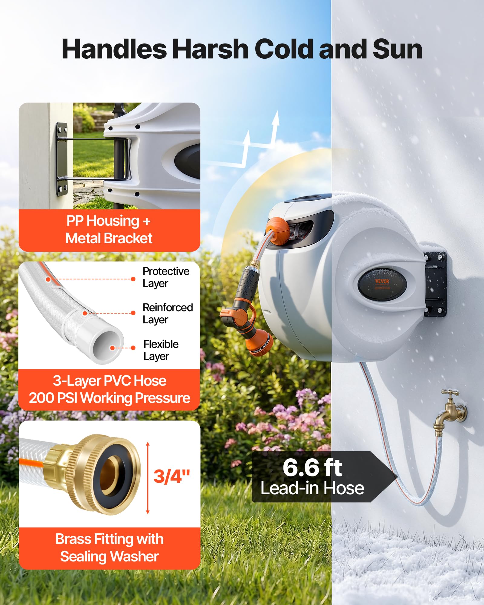 VEVOR Retractable Hose Reel, 100 ft x 1/2 inch, 180° Swivel Bracket Wall-Mounted, Garden Water Hose Reel with 9-Pattern Nozzle, Automatic Rewind, Lock at Any Length, and Slow Return System 🍁 All In One Marketplace Canada