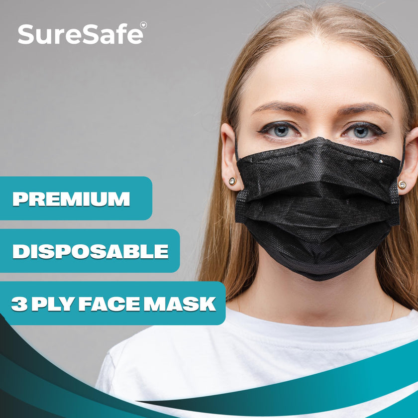 SURESAFE Premium Black Mask - Disposable Face Mask Pack of 100, 3 Ply face mask with Ear Loop, Women and Men Face Mask, High Filtration 🍁 All In One Marketplace Canada