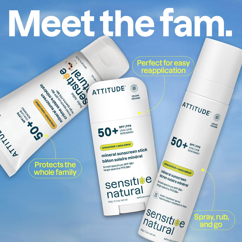 ATTITUDE Sensitive Skin Mineral Sunscreen Lightweight Lotion SPF 50, Broad Spectrum Zinc Oxide, EWG Verified, Mineral-Based, Non-Nano, Water-Resistant 80 Minutes, Non-Greasy for Face & Body, Vegan, Unscented, 80 grams 🍁 All In One Marketplace Canada