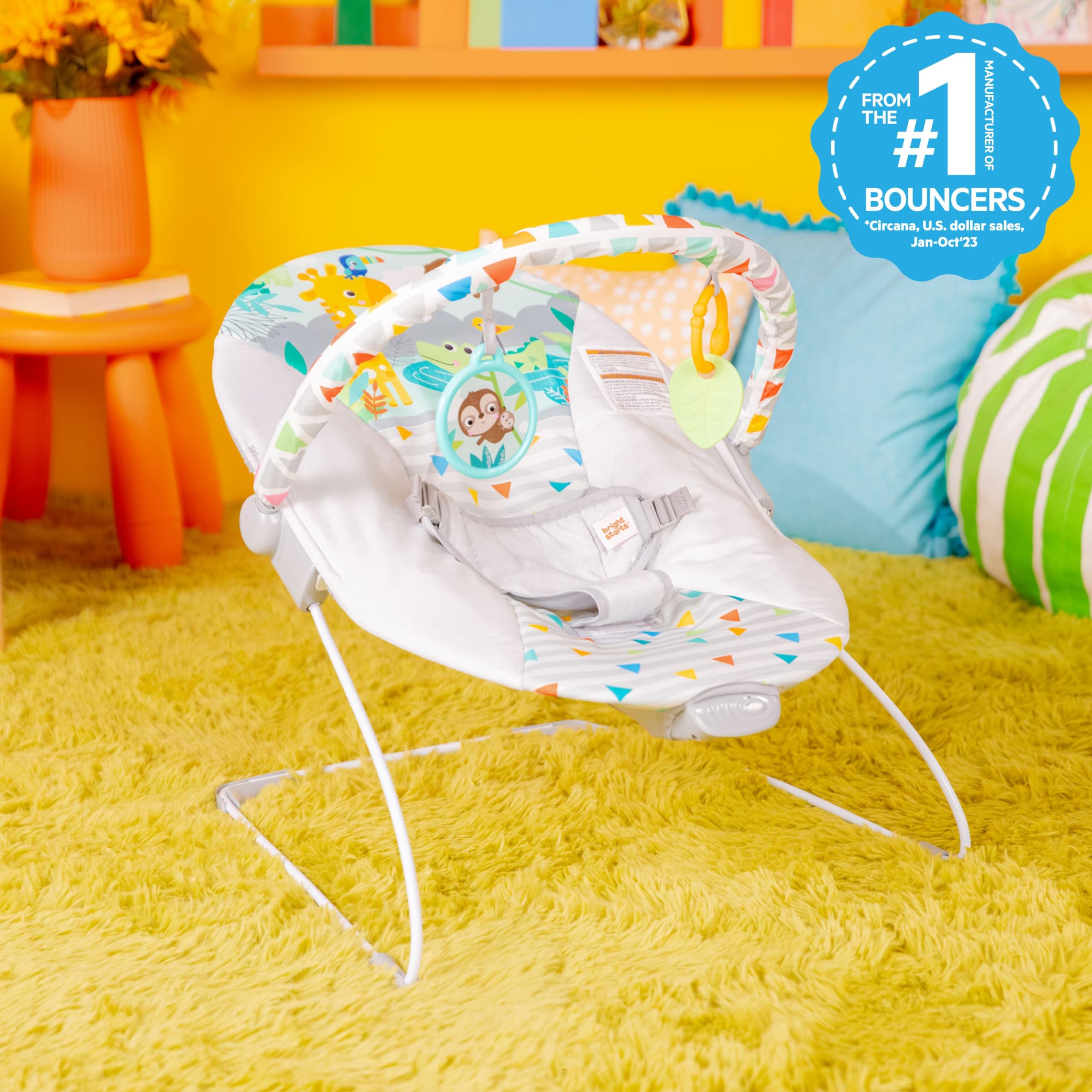Bright Starts Baby Bouncer Soothing Vibrations Infant Seat - Removable Toy Bar, Nonslip Feet, 0-6 Months Up to 20 lbs (Safari Fun) 🍁 All In One Marketplace Canada