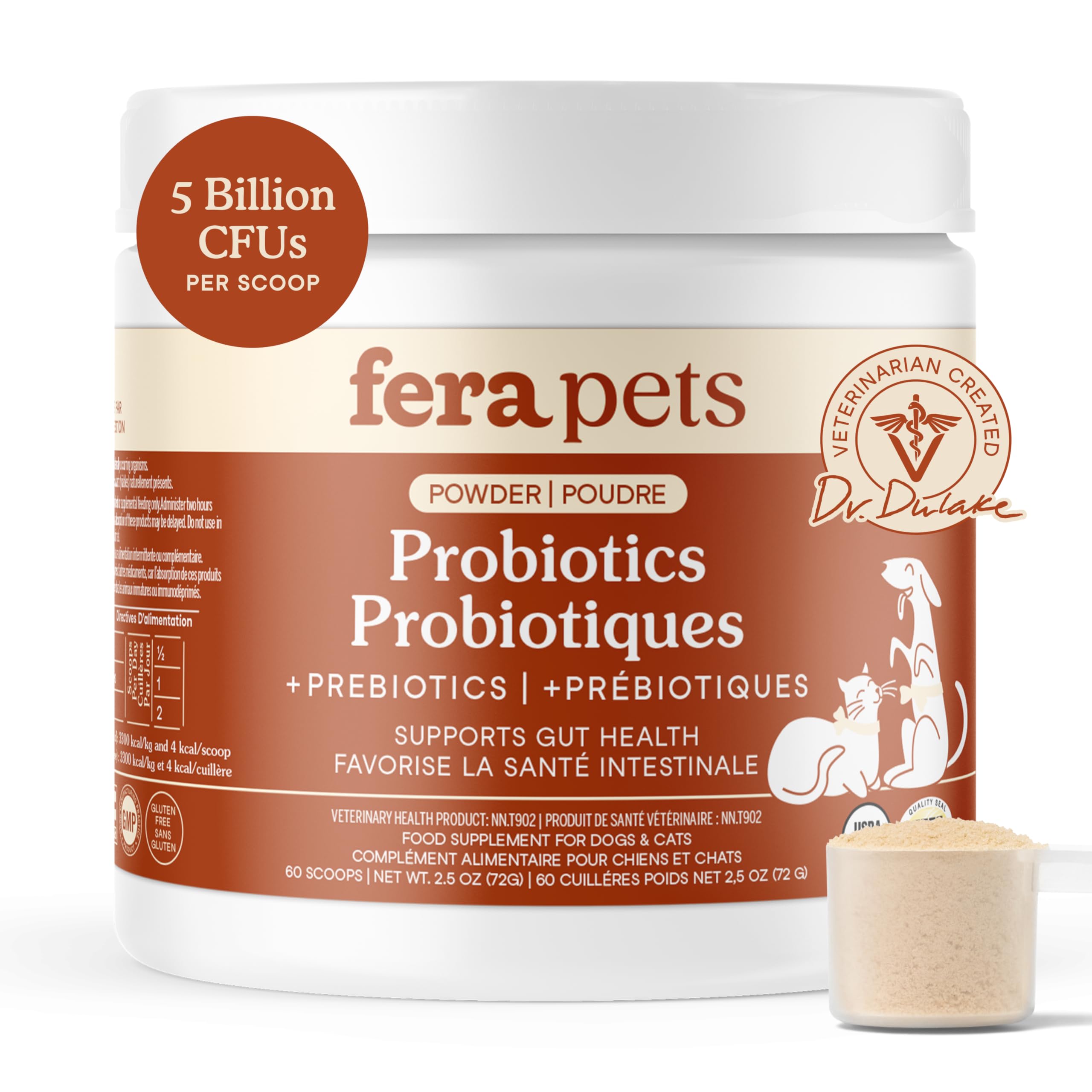 Fera Pets Probiotics for Dogs & Cats with Prebiotics - USDA Organic - Gut Health Powder Supplement with 12 Strains and 5 Billion CFUs - Supports Immunity, Energy and Skin & Coat - 60 Scoops 🍁 All In One Marketplace Canada