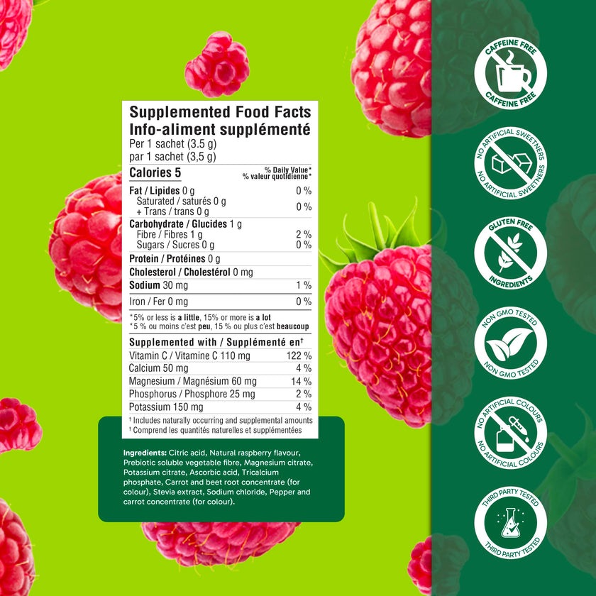 Organika Canadian-Made Electrolytes Powder with Vitamin C & Prebiotic Fibre - Sugar-Free Hydration Drink Mix - Wild Raspberry - 20 Single-Serve Sachets x 3.5g 🍁 All In One Marketplace Canada