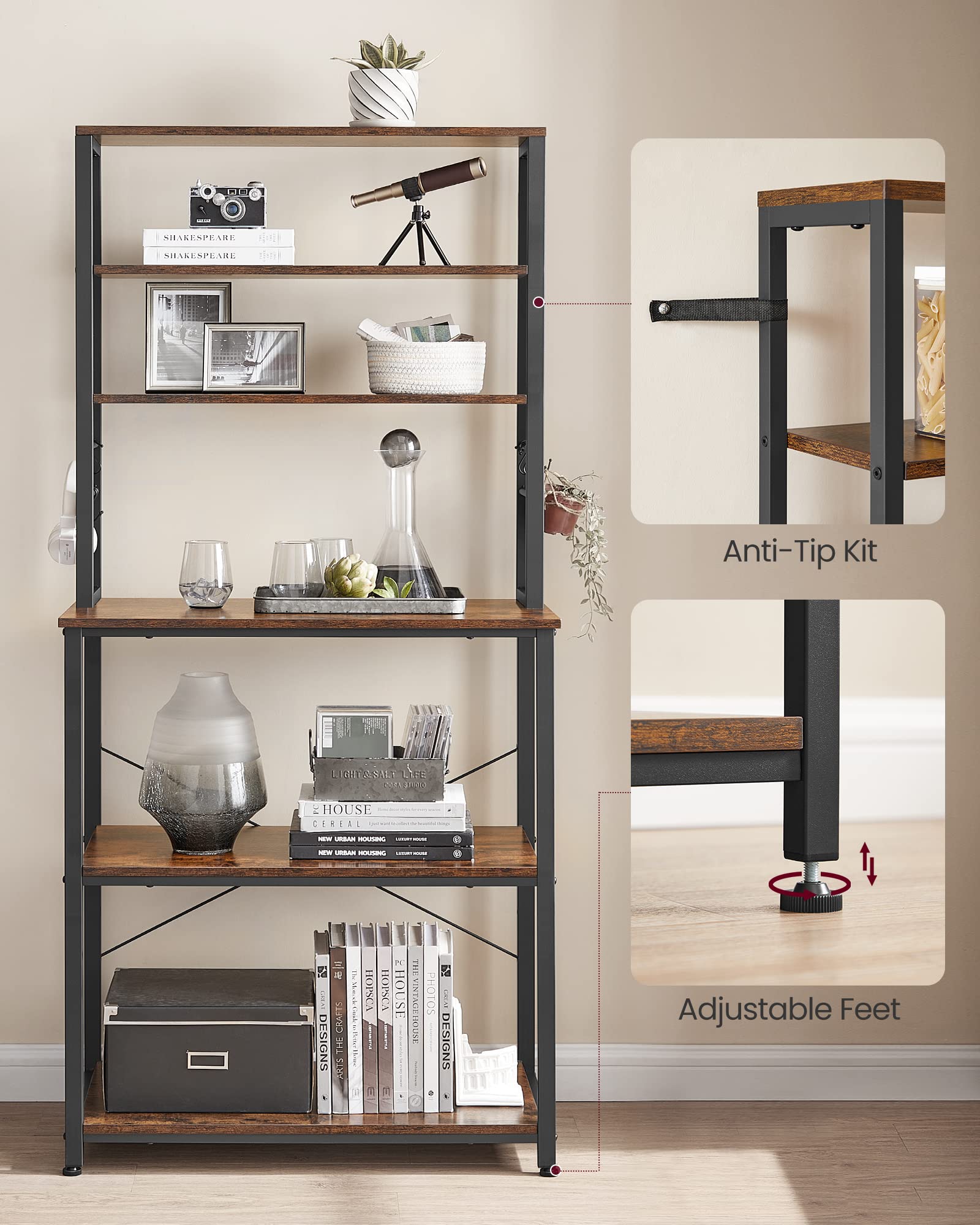 VASAGLE Coffee Bar, Baker’s Rack for Kitchen with Storage, 6-Tier Kitchen Shelves with 6 Hooks, Microwave Stand, Industrial, 15.7 x 31.5 x 65.7 Inches, Rustic Brown and Black UKKS019B01 🍁 All In One Marketplace Canada