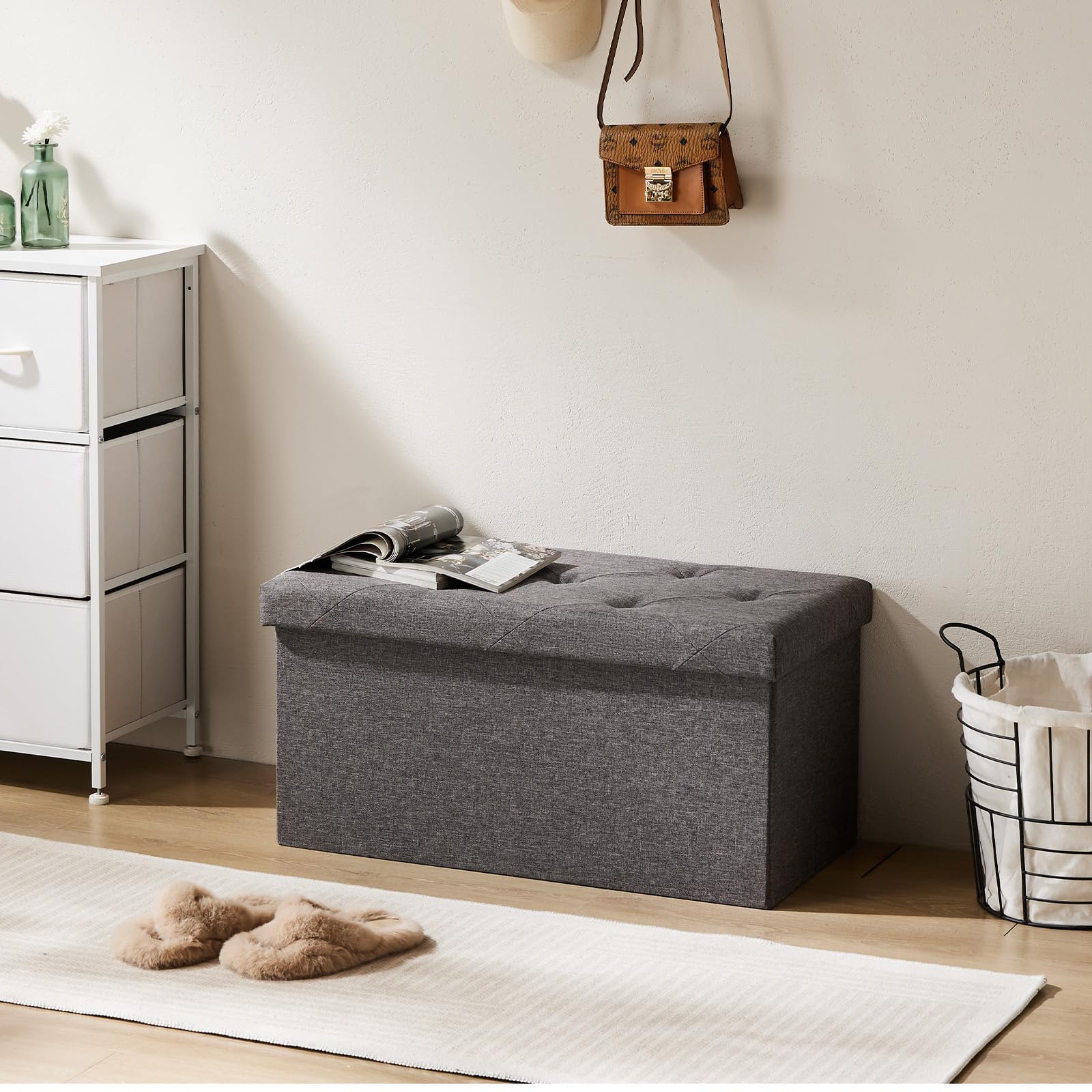 Sweetcrispy Folding Storage Ottoman Bench, Light Grey, Entryway Bench for Living Room, Ottomans with Storage for Bedroom, Heavy Duty 660 lbs Load Capacity, Linen Footrest Seat 🍁 All In One Marketplace Canada