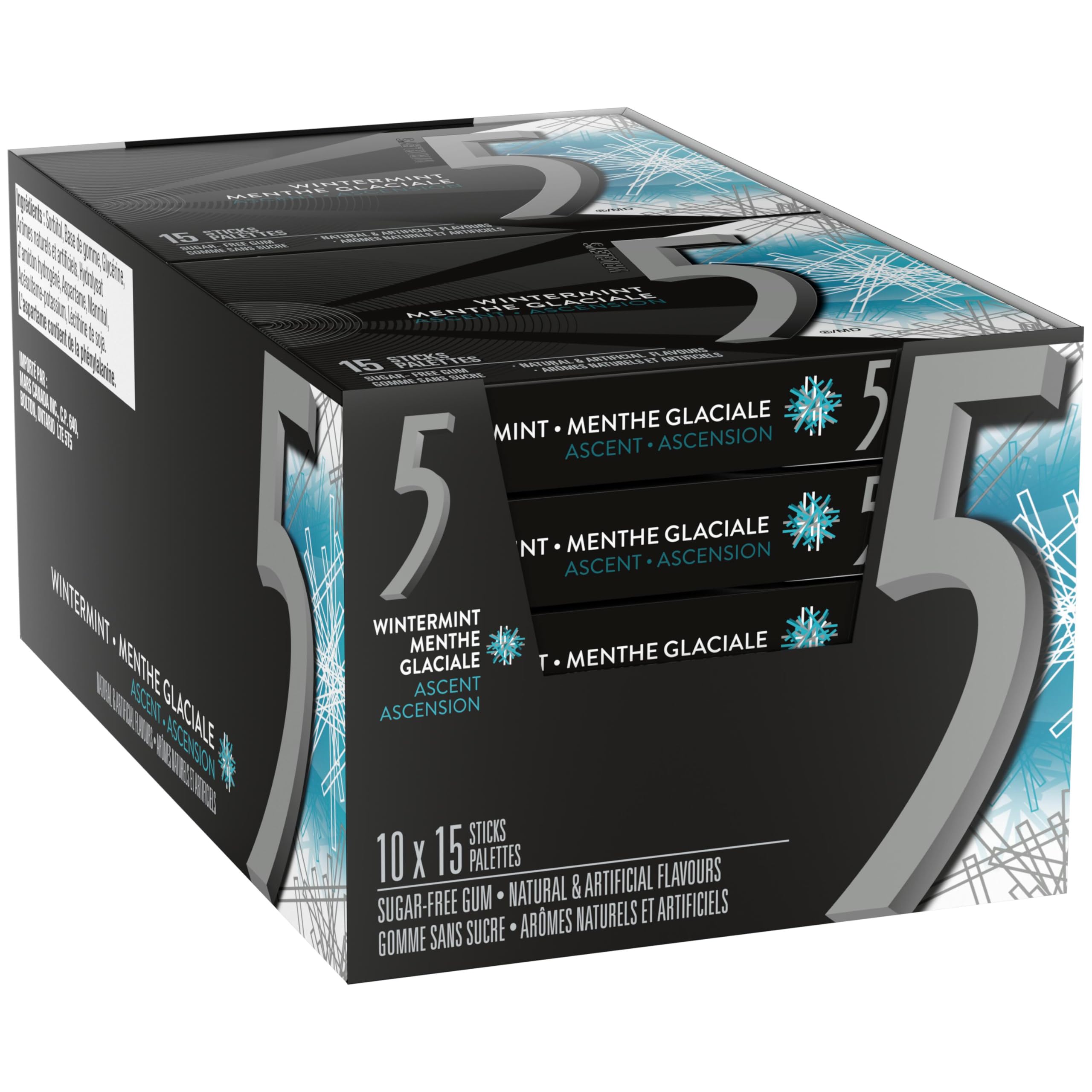 5 GUM, Wintermint-Ascent Flavoured Sugar Free Chewing Gum, 15 Sticks, 10 Packs 🍁 All In One Marketplace Canada