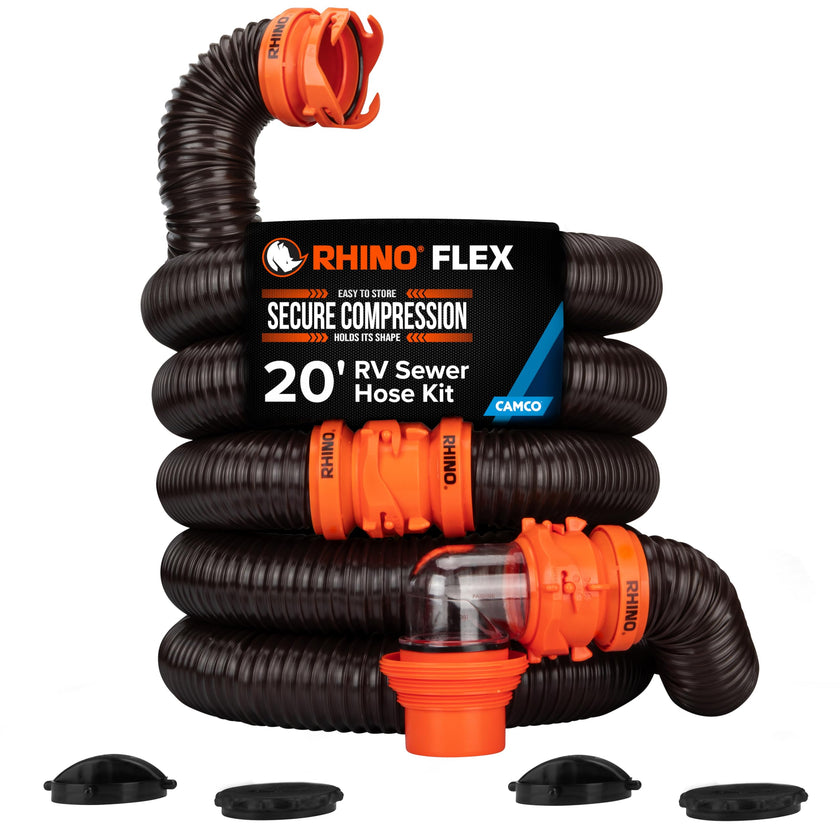 Camco RhinoFLEX 20-Ft Camper/RV Sewer Hose Kit - Features Clear Elbow Fitting w/Removable 4-in-1 Adapter - Connects to 3” Slip or 3”/3.5”/4” NPT Threaded Sewer Connection (39742) 🍁 All In One Marketplace Canada