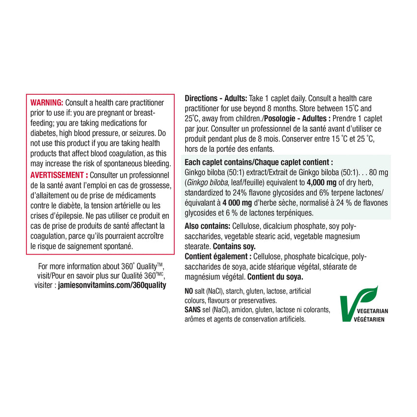 Jamieson Ginko Biloba 4,000 mg, Helps Enhance Cognitive Function, Improve Memory, and Supports Peripheral Circulation. Vegetarian, Gluten-Free, 90 Count 🍁 All In One Marketplace Canada