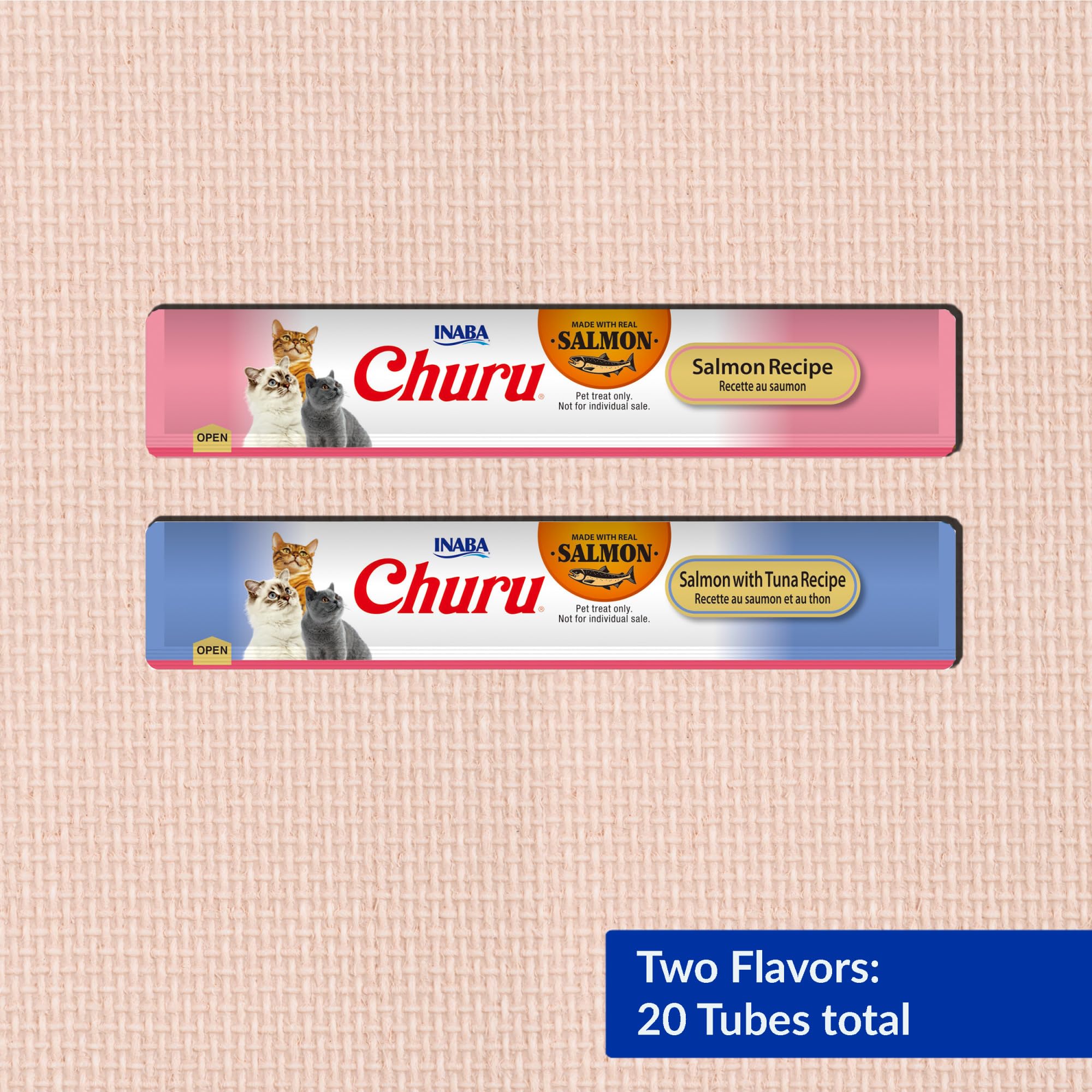INABA Salmon Churu Cat Treats, Lickable, Squeezable Creamy Purée Cat Treat with Green Tea Extract & Taurine, 14 Grams Each Tube, 20 Tubes, Salmon & Tuna Variety Box 🍁 All In One Marketplace Canada