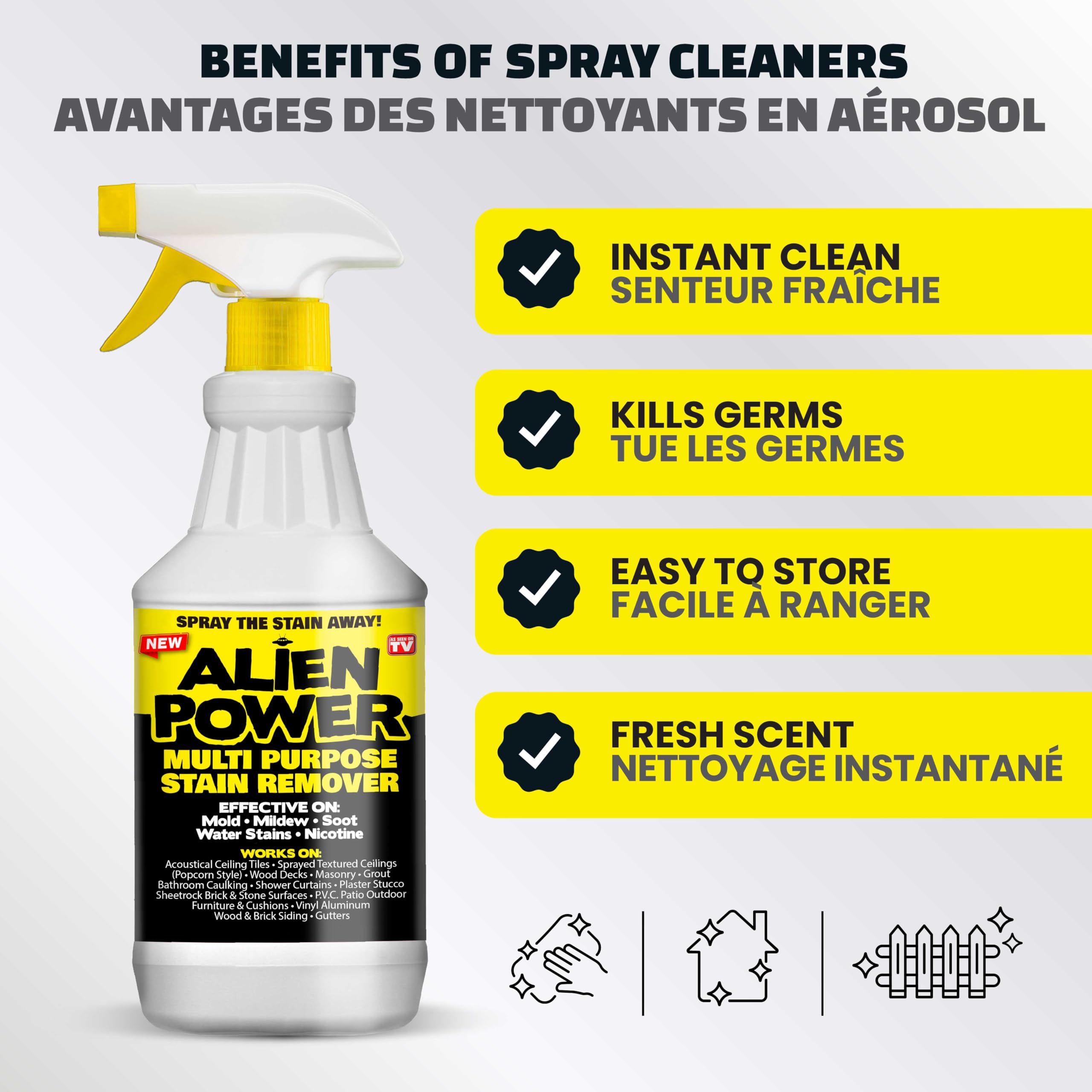 Alien Power 48 Fl Oz Instant Stain Remover Spray for Mold and Mildew, All Purpose No-Scrub Cleaner for Bathroom & Household Surfaces, Tiles, Wall, Black Mold, Mould, Grout - 2 Pack Set 🍁 All In One Marketplace Canada