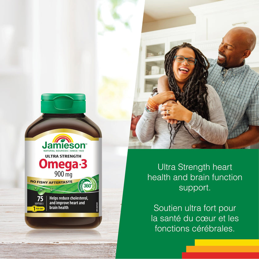 Jamieson Ultra-Strength Omega-3 900 mg, No Fishy Aftertaste, Supports Heart, Brain, and Eye Health, Arthritis Support. High Potency, with EPA and DHA, Non-GMO, Gluten-Free, 75 Softgels, Proudly Canadian 🍁 All In One Marketplace Canada