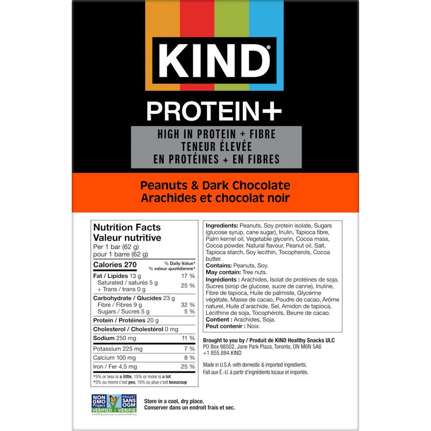 KIND PROTEIN+ Peanuts & Dark Chocolate, 62 g, 12 Count 🍁 All In One Marketplace Canada