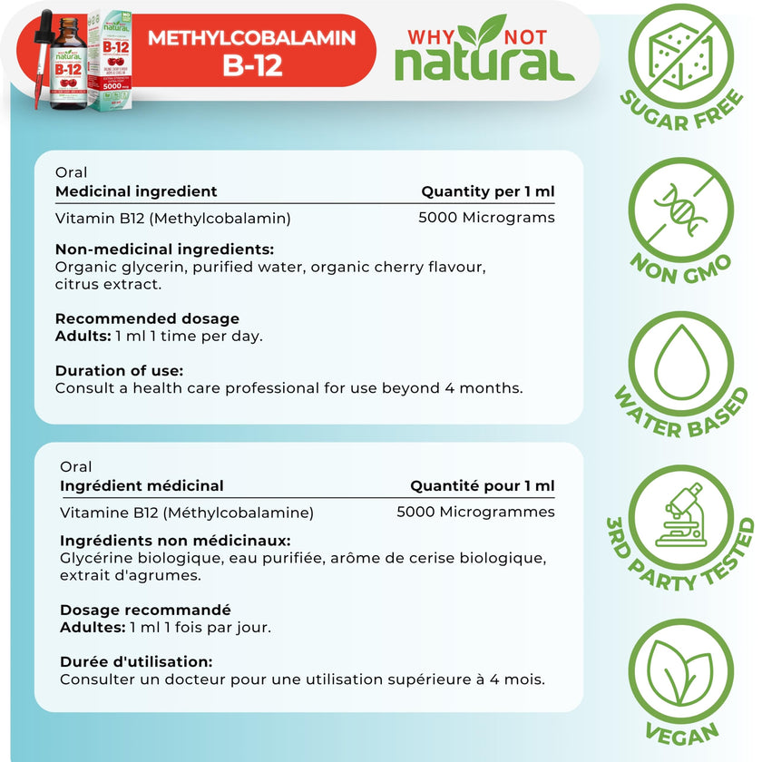Organic Vitamin B12 Liquid - Sublingual Extra Strength 60 x 5000 mcg Drops, Methylcobalamin, Natural Cherry Flavor, Vegan, Maximize Absorption and Energy 🍁 All In One Marketplace Canada