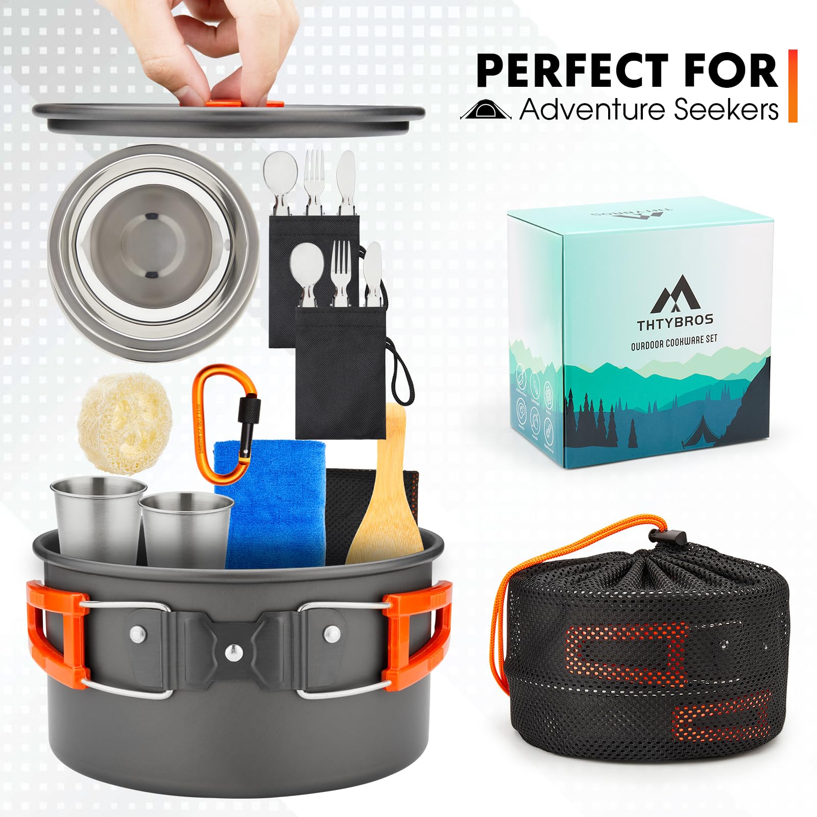 THTYBROS 17pcs Camping Cookware Kit, 0.45Gal Pot, 7inches Pan,0.30Gal Kettle Set with 2 Set Stainless Steel Cups Plates Forks Knives Spoons for Hiking,Camping,Backpacking,Outdoor Cooking and Picnic 🍁 All In One Marketplace Canada