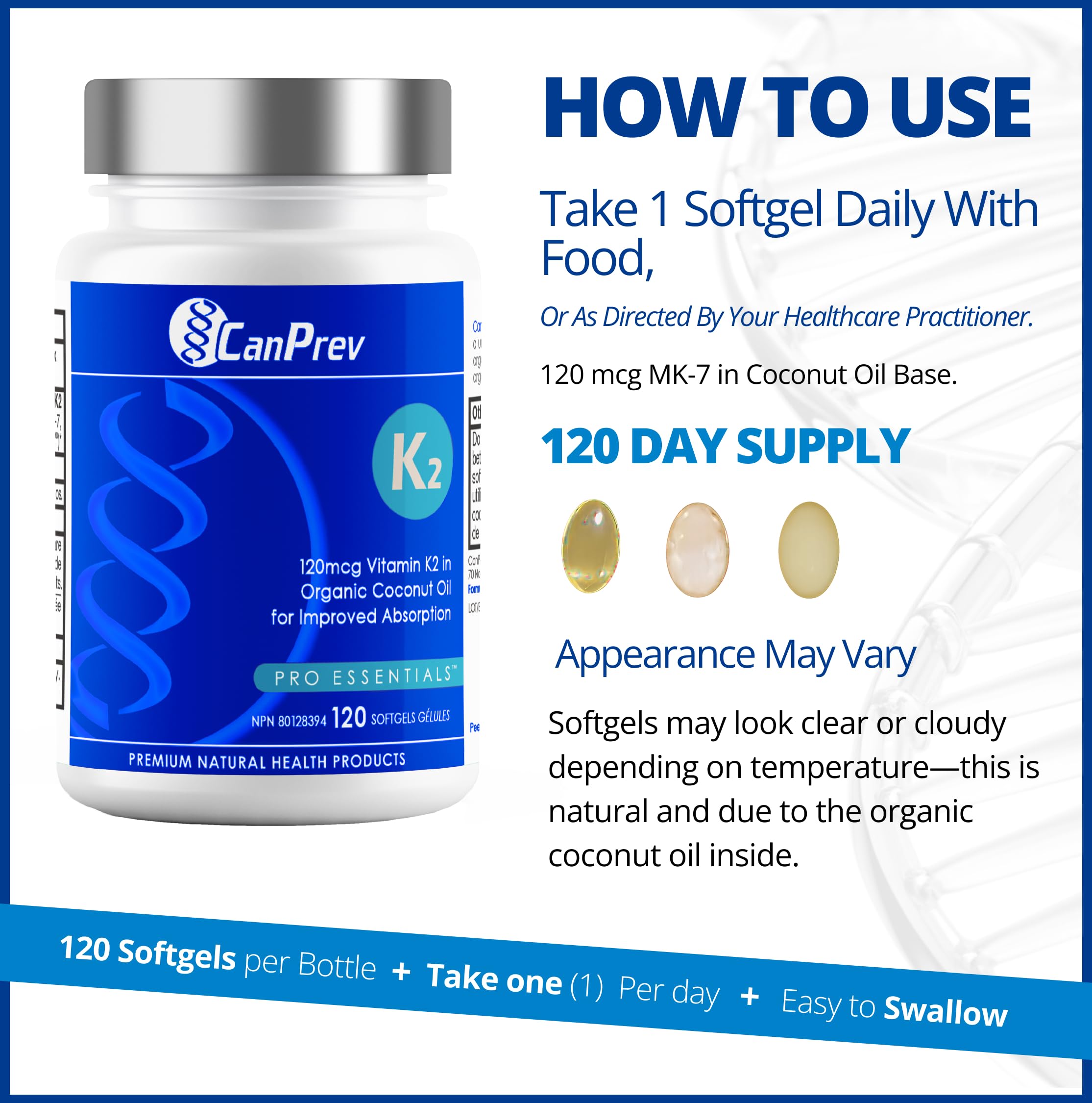 CanPrev K2 120mcg with Organic Coconut Oil, 120 Softgels 120-Day Supply, Pure MK-7 for Enhanced Absorption, Support for Stronger Bones and Healthy Teeth 🍁 All In One Marketplace Canada