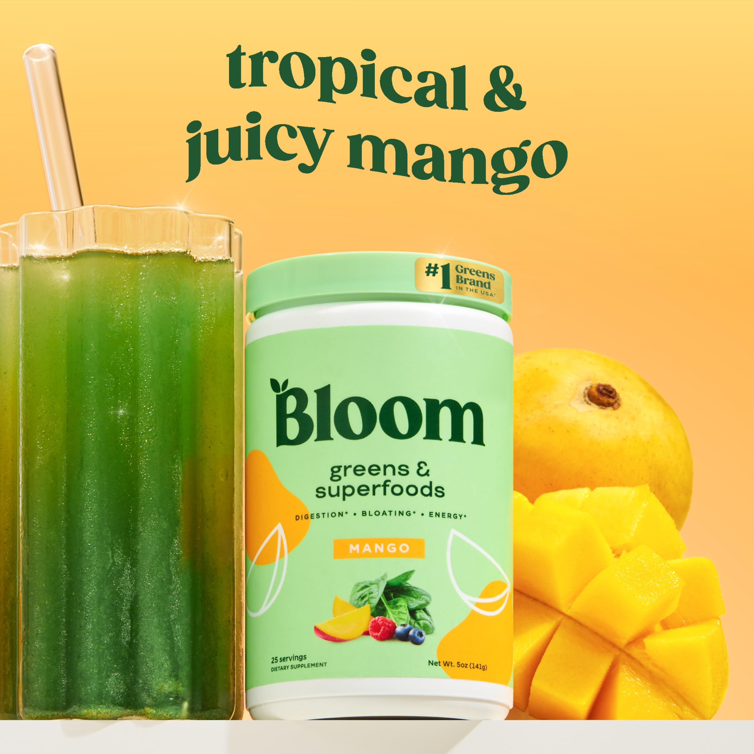 Bloom Nutrition Superfood Greens Powder, Digestive Enzymes with Probiotics and Prebiotics, Gut Health, Bloating Relief for Women, Chlorella, Green Juice Mix with Beet Root Powder, 25 SVG, Mango 🍁 All In One Marketplace Canada