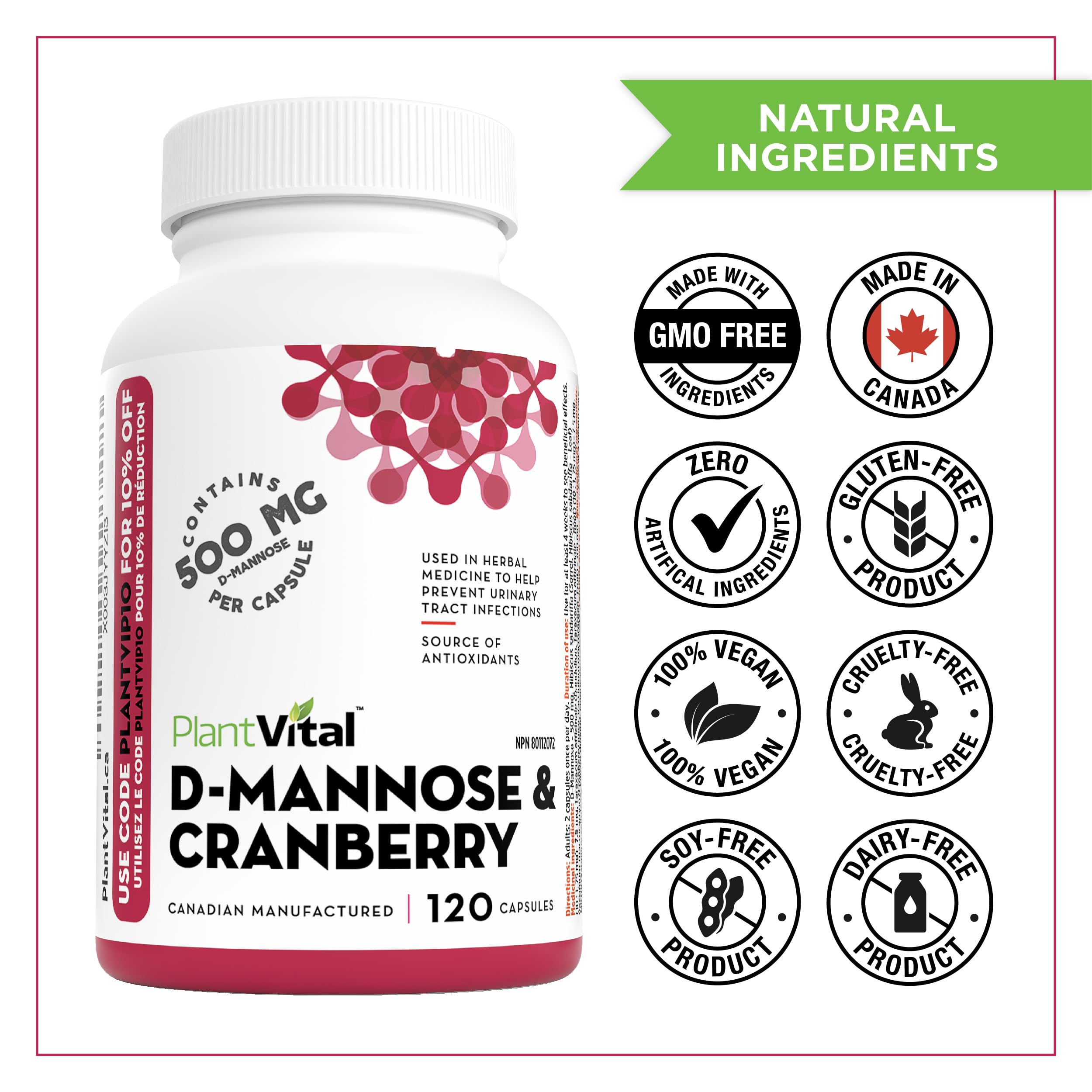 PlantVital D-Mannose Capsules - Made in Canada - 1000mg Daily Dose (2 Capsules) - Cranberry Pills for UTI Support & Bladder Health – DMannose and Cranberry Supplement - 120 Count, 2-Month Supply 🍁 All In One Marketplace Canada