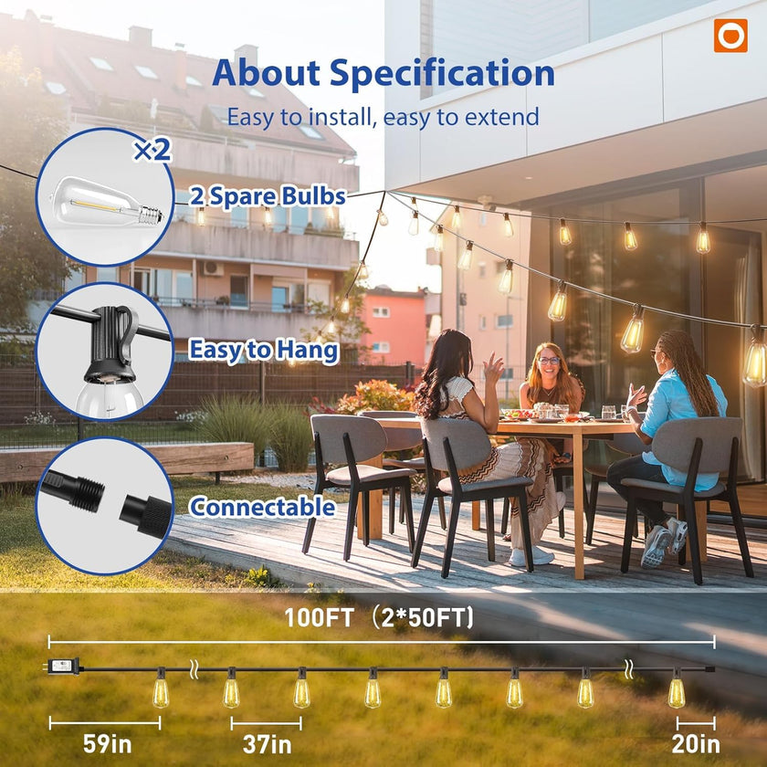 addlon 100FT (50FTx2) Outdoor String Lights Waterproof Shatterproof with 32 LED Edison Bulbs, Dimmable Connectable Patio Lights for Backyard Garden Balcony Party, Warm Yellow, Energy-Saving 🍁 All In One Marketplace Canada