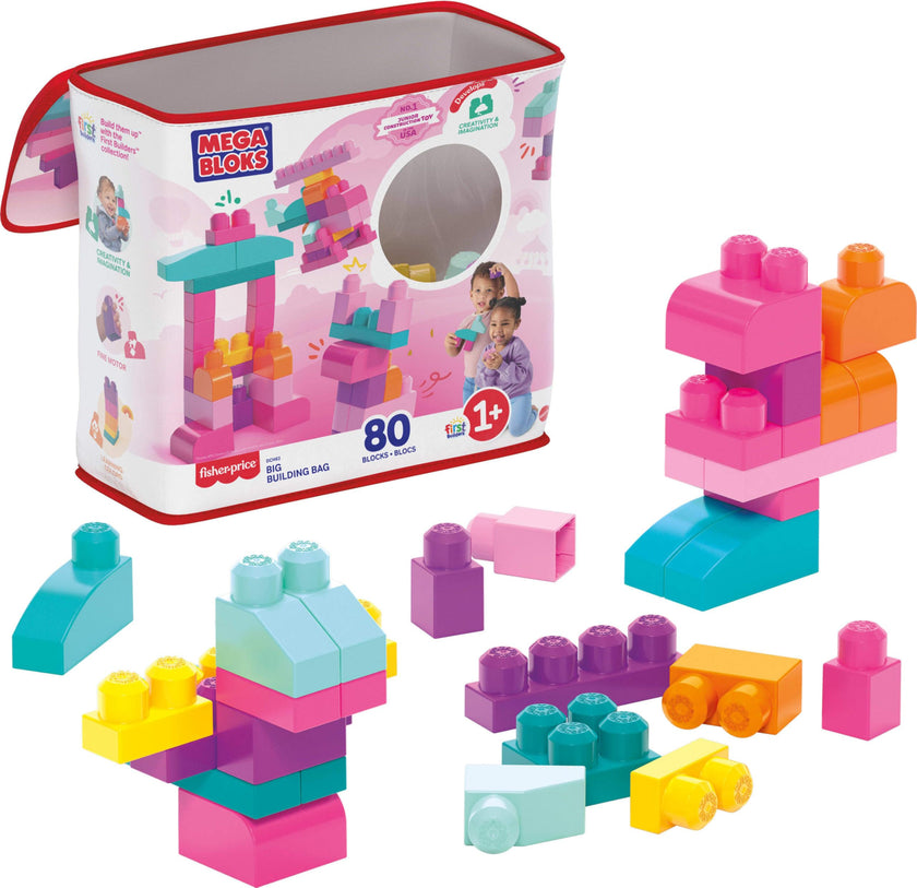MEGA BLOKS First Builders Toddler Blocks Toys Set, Big Building Bag Collection with 80 Pieces and Storage, Pink, Ages 1+ Years 🍁 All In One Marketplace Canada