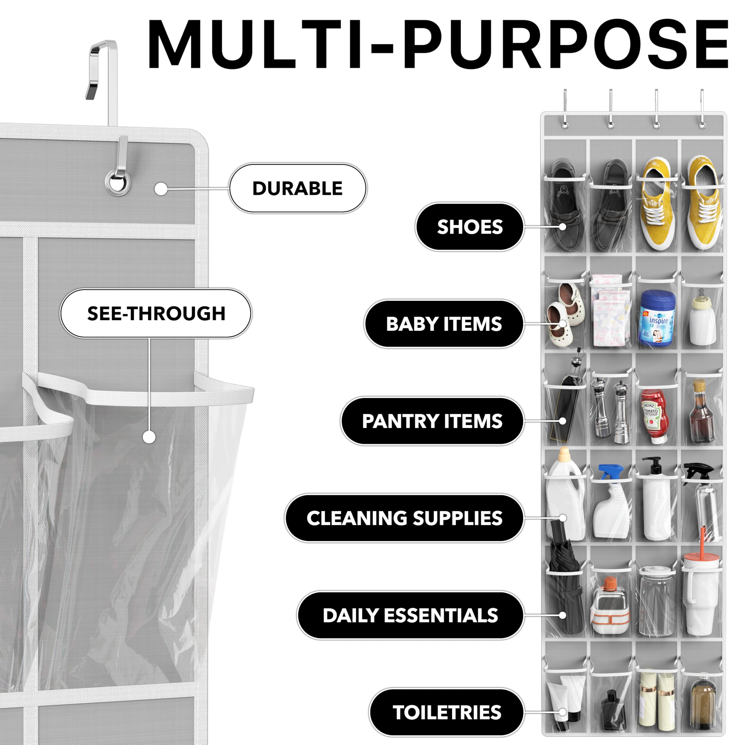 SimpleHouseware Crystal Clear Over The Door Hanging Shoe Organizer, 24 Pockets, Grey (162.6 cm H x 48.6 cm W) 🍁 All In One Marketplace Canada