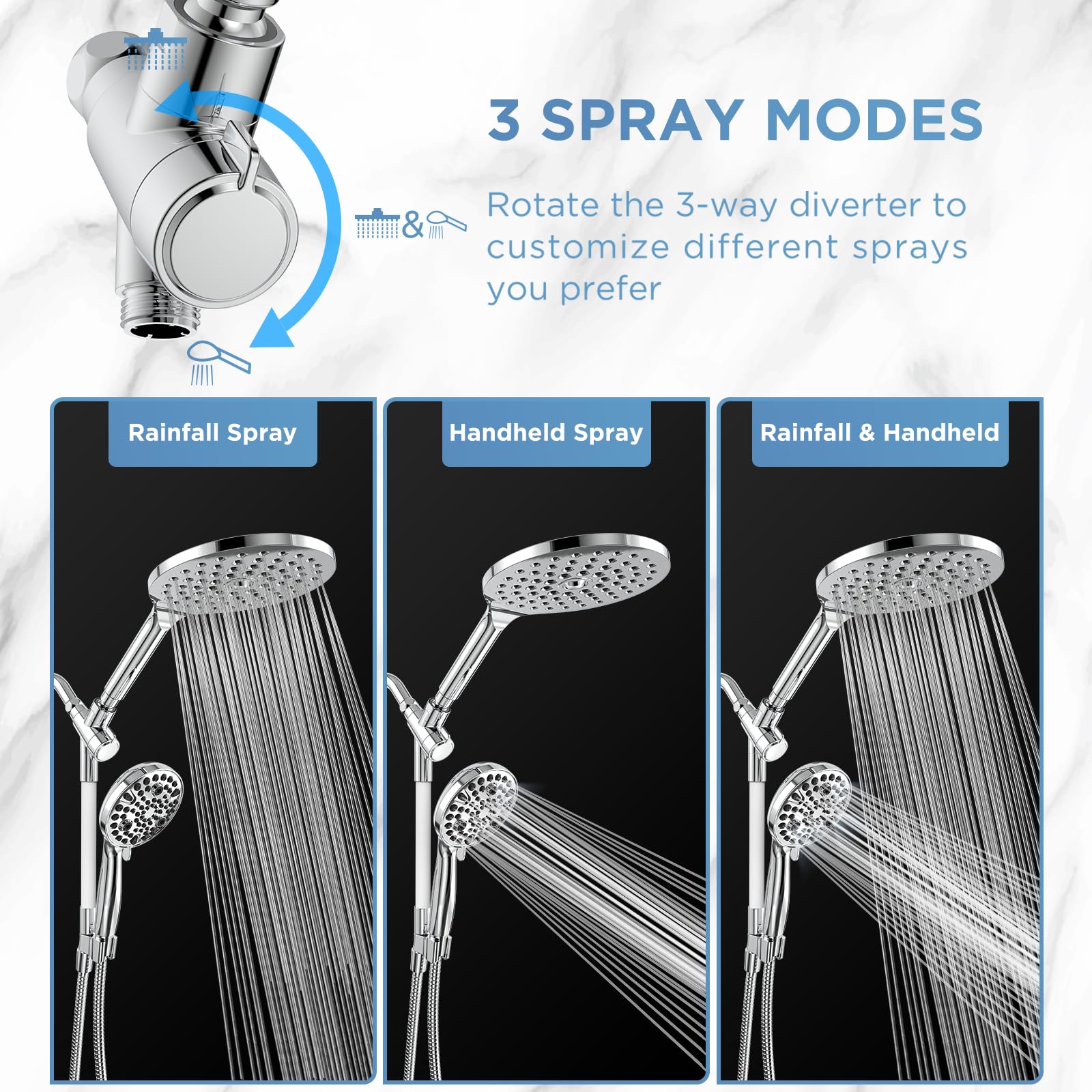 MakeFit Rain Shower Heads System, 3-Spray Dual Shower Head with Solid Brass Adjustable Bar, Rainfall Showerhead with 10 Settings High Pressure Handheld Spray, Buit-in Power Wash Mode (Chrome) 🍁 All In One Marketplace Canada